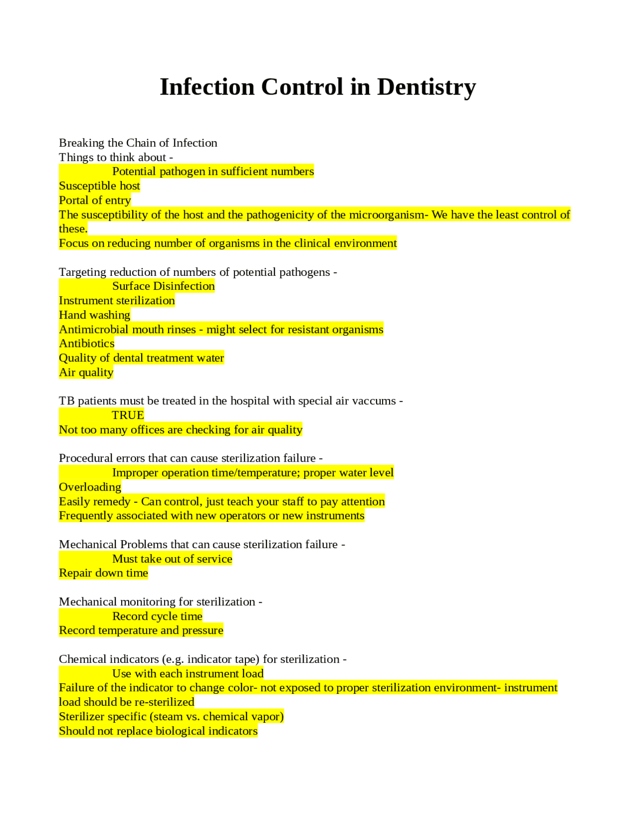 Infection Control in Dentistry Exams Dentistry Docsity
