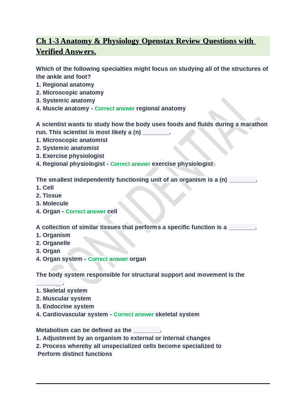 Ch 1-3 Anatomy & Physiology Openstax Review Questions with Verified ...