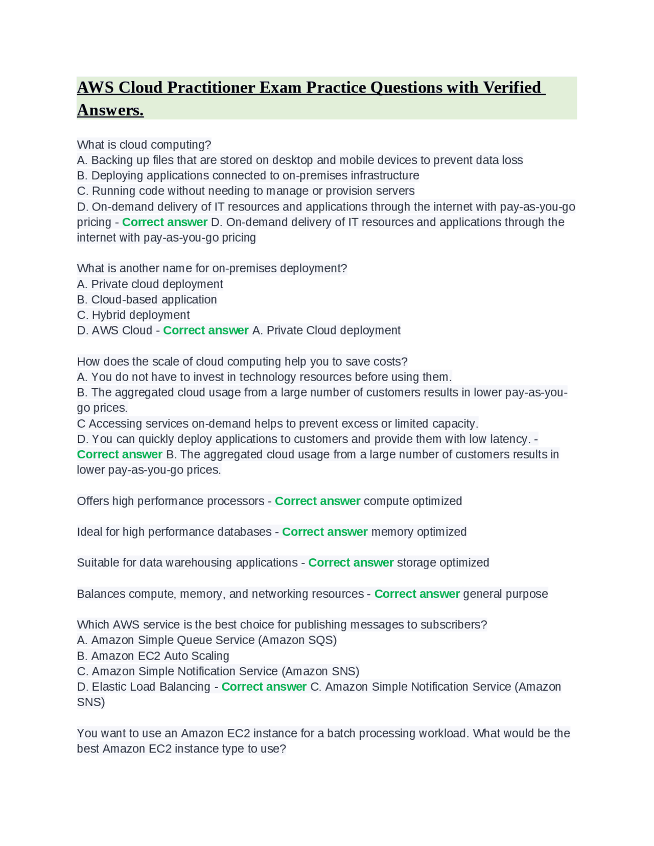 AWS Cloud Practitioner Exam Practice Questions with Verified Answers ...