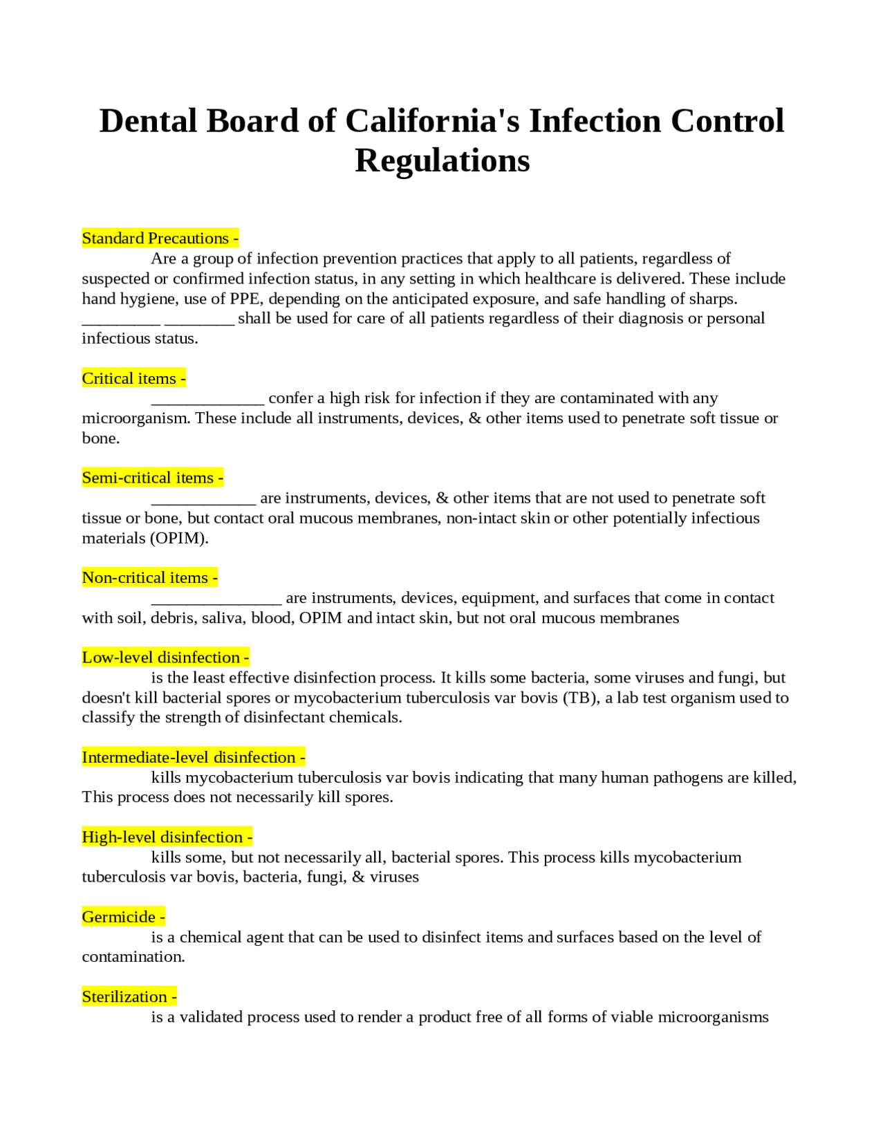Dental Board of California's Infection Control Regulations Exams