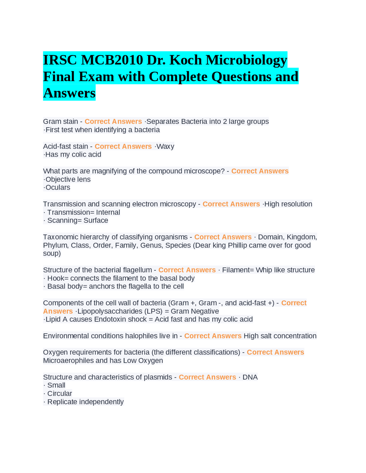 Microbiology Final Exam Questions and Answers | Exams Microbiology ...