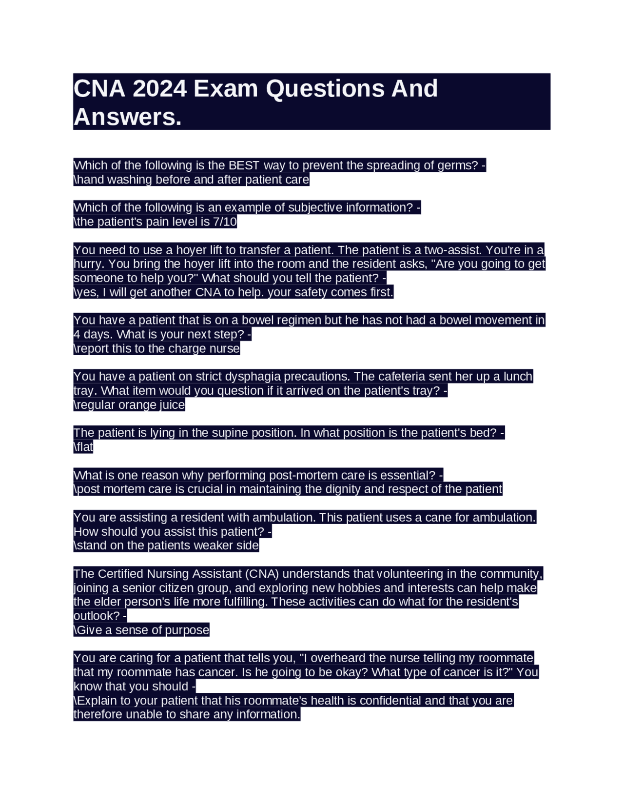 CNA 2024 Exam Questions And Answers. | Exams Nursing | Docsity