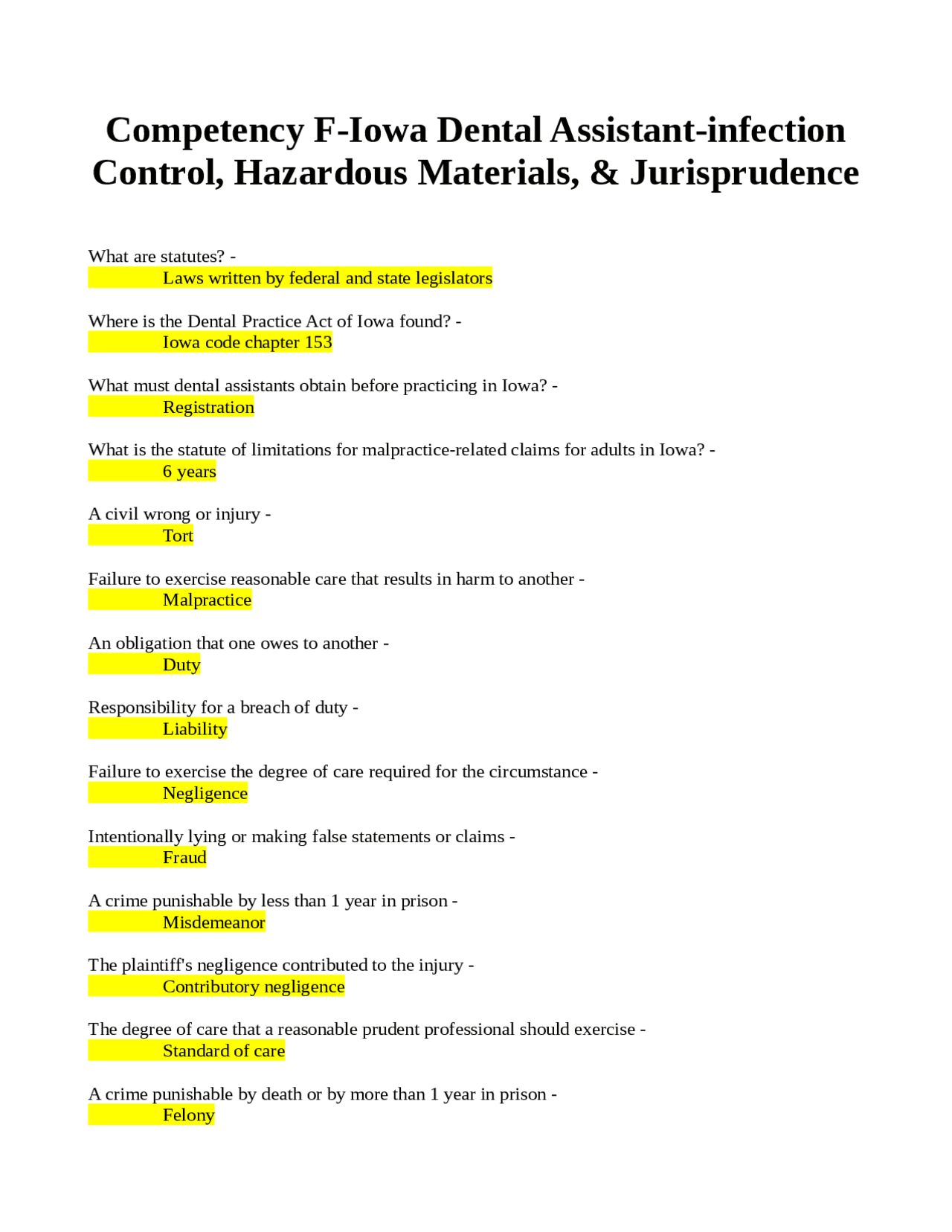 Competency FIowa Dental Assistantinfection Control, Hazardous