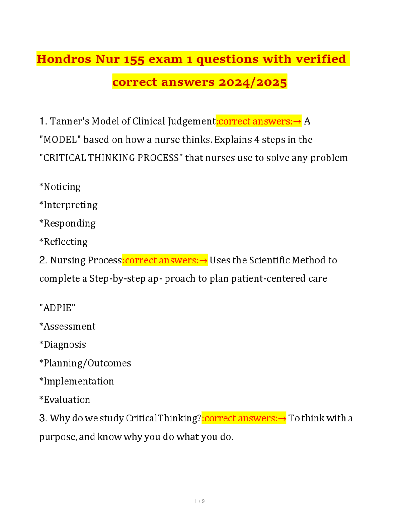 Hondros Nur 155 exam 1 questions with verified correct answers 2024/ ...