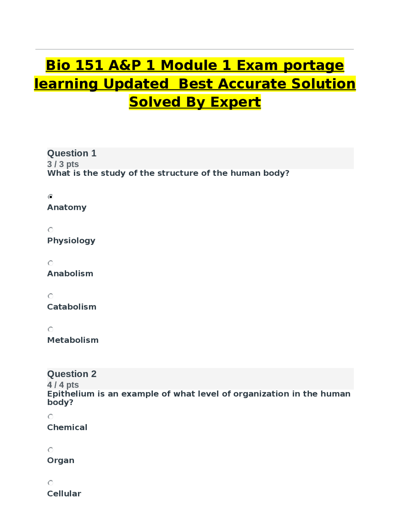 Bio 151 A&P 1 Module 1 Exam portage learning Updated Best Accurate ...