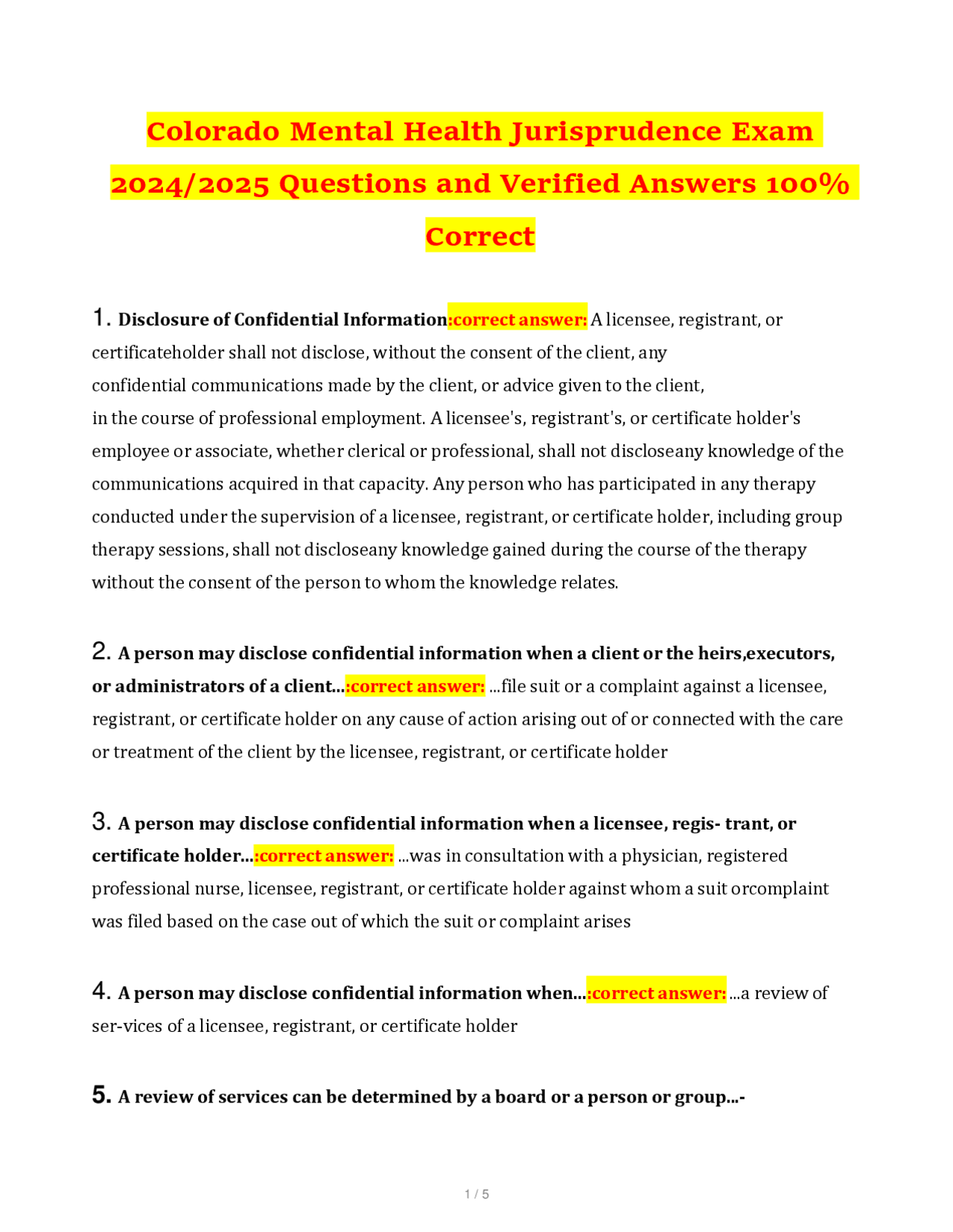 Colorado Mental Health Jurisprudence Exam 2024/2025 Questions and