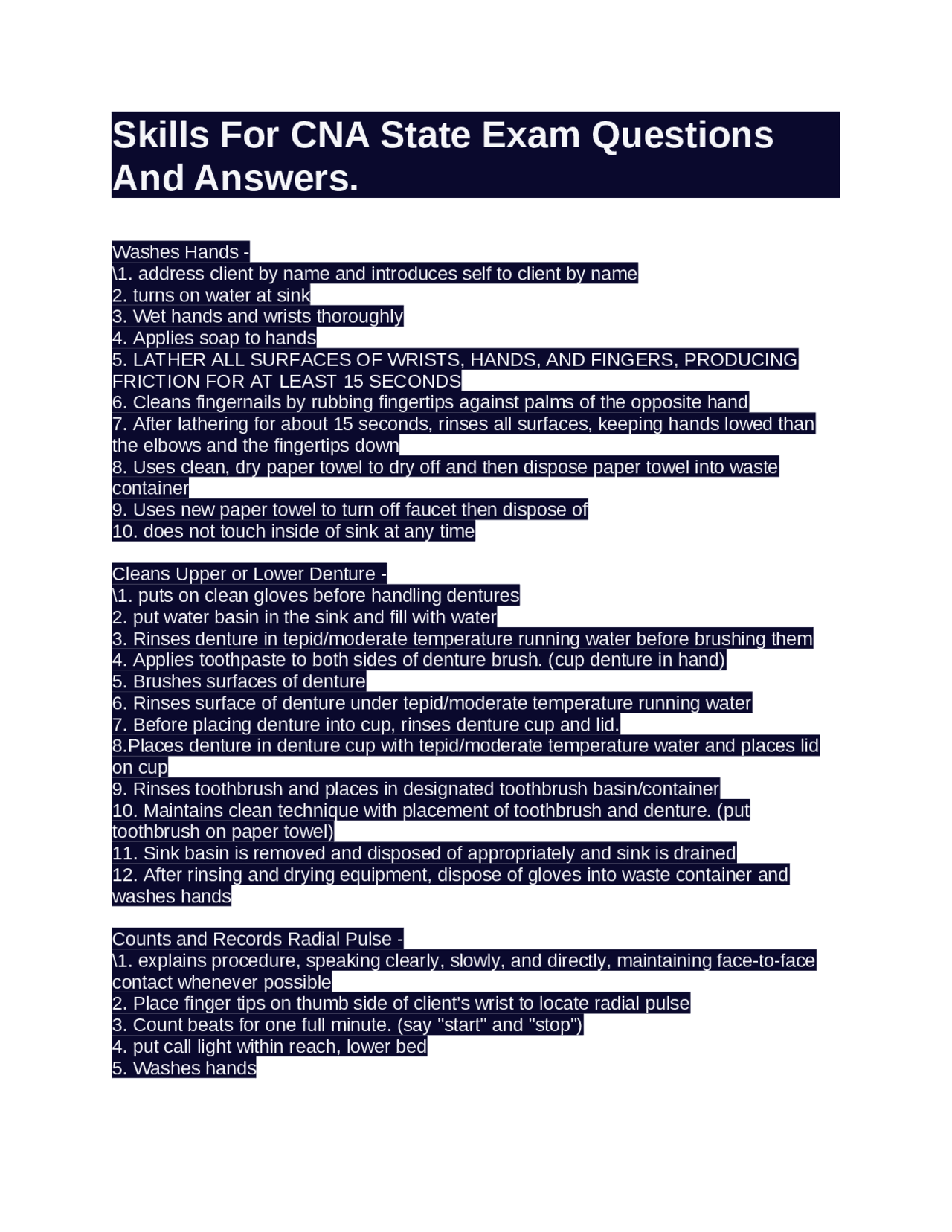 Skills For CNA State Exam Questions And Answers. | Exams Nursing | Docsity