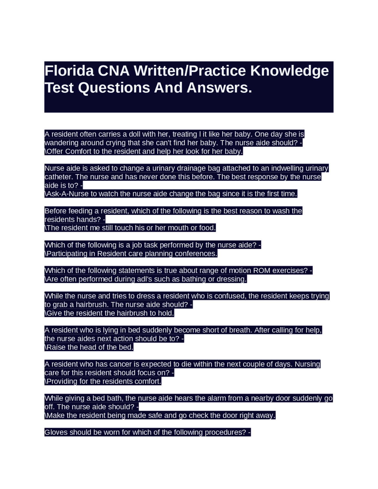 Florida CNA Written/Practice Knowledge Test Questions And Answers ...