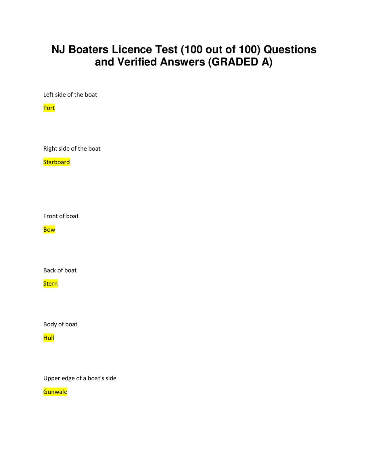 NJ Boaters Licence Test (100 out of 100) Questions and Verified Answers (GRADED A) Exams