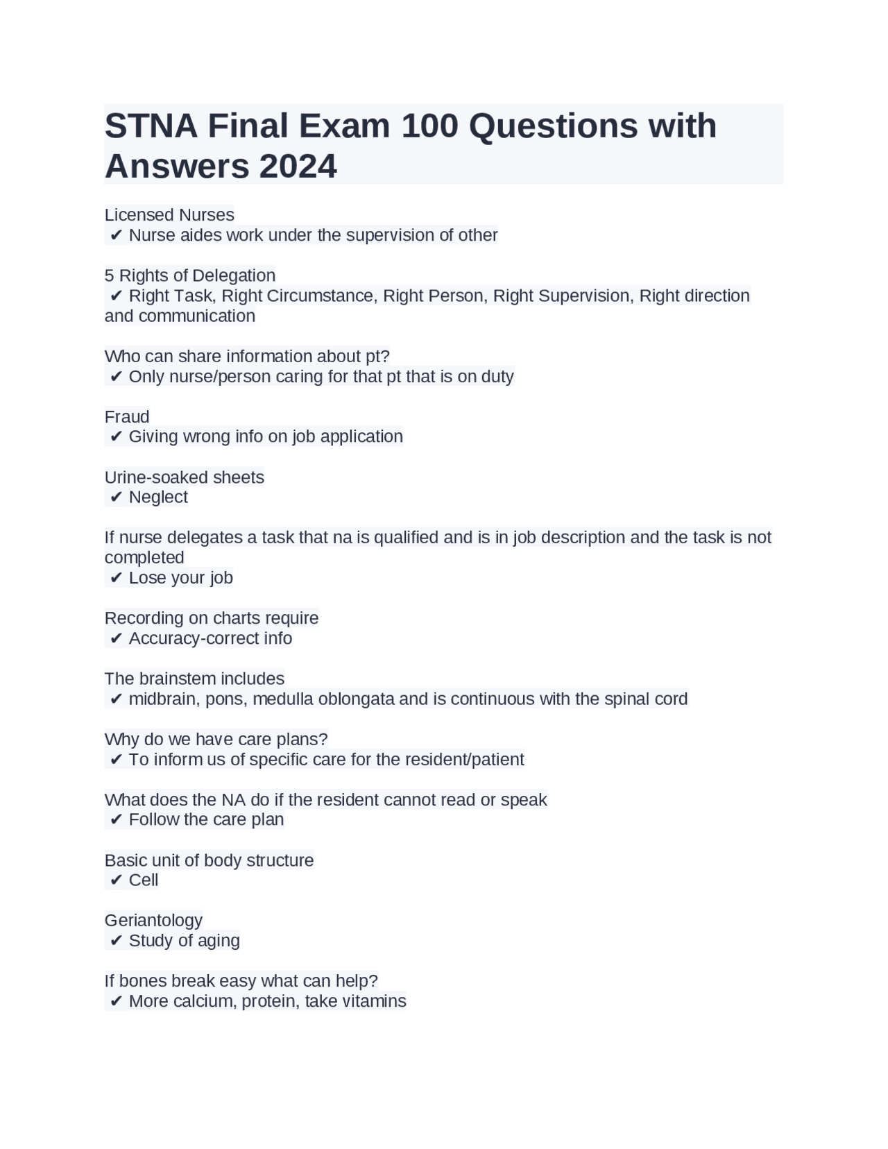 Stna Interview Questions STNA Final Exam 100 Questions with Answers 2024 | Exams Nursing | Docsity