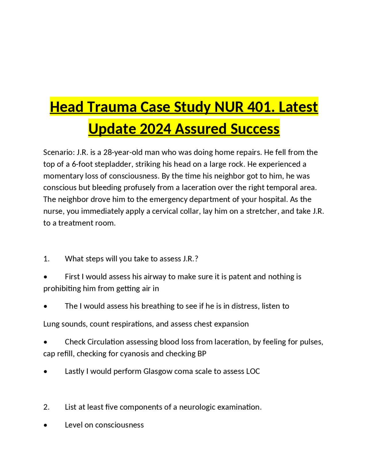 Head Trauma Case Study NUR 401. Latest Update 2024 Assured Success ...