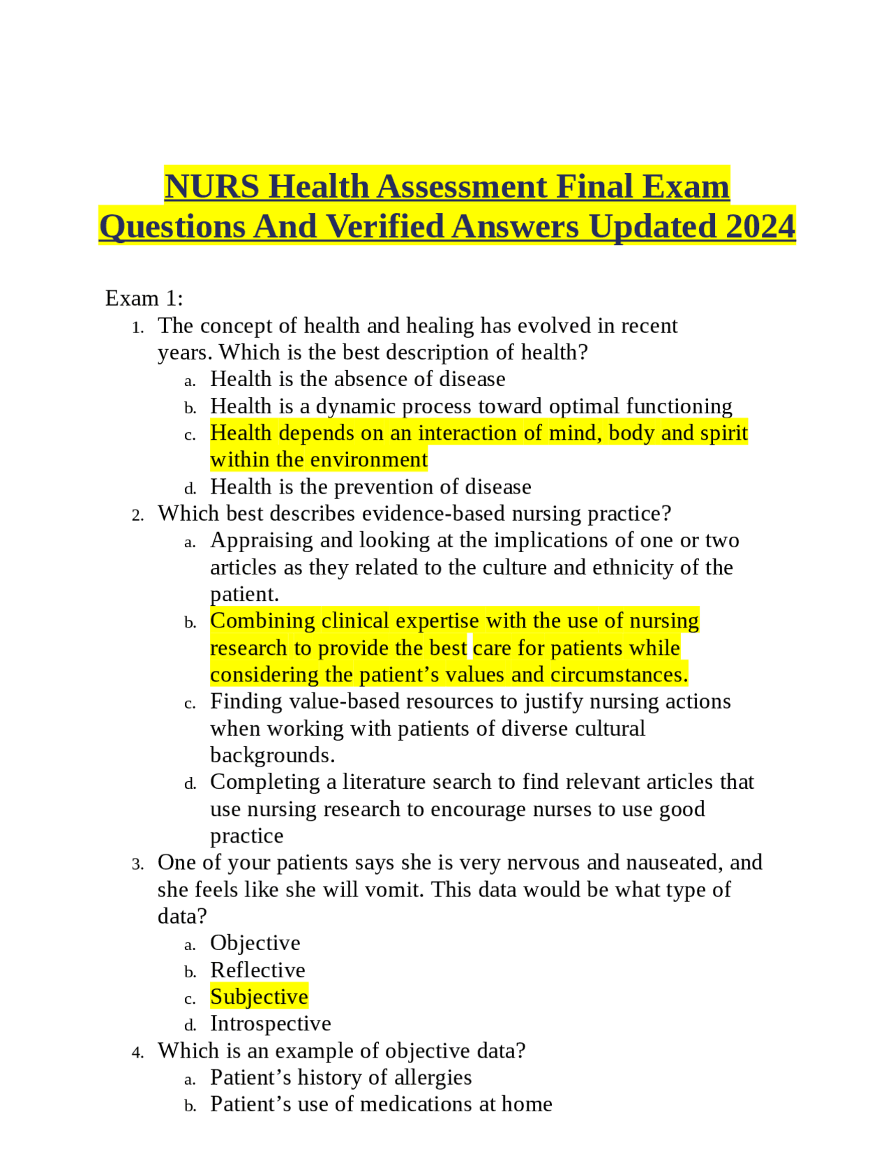 NURS Health Assessment Final Exam Questions And Verified Answers ...