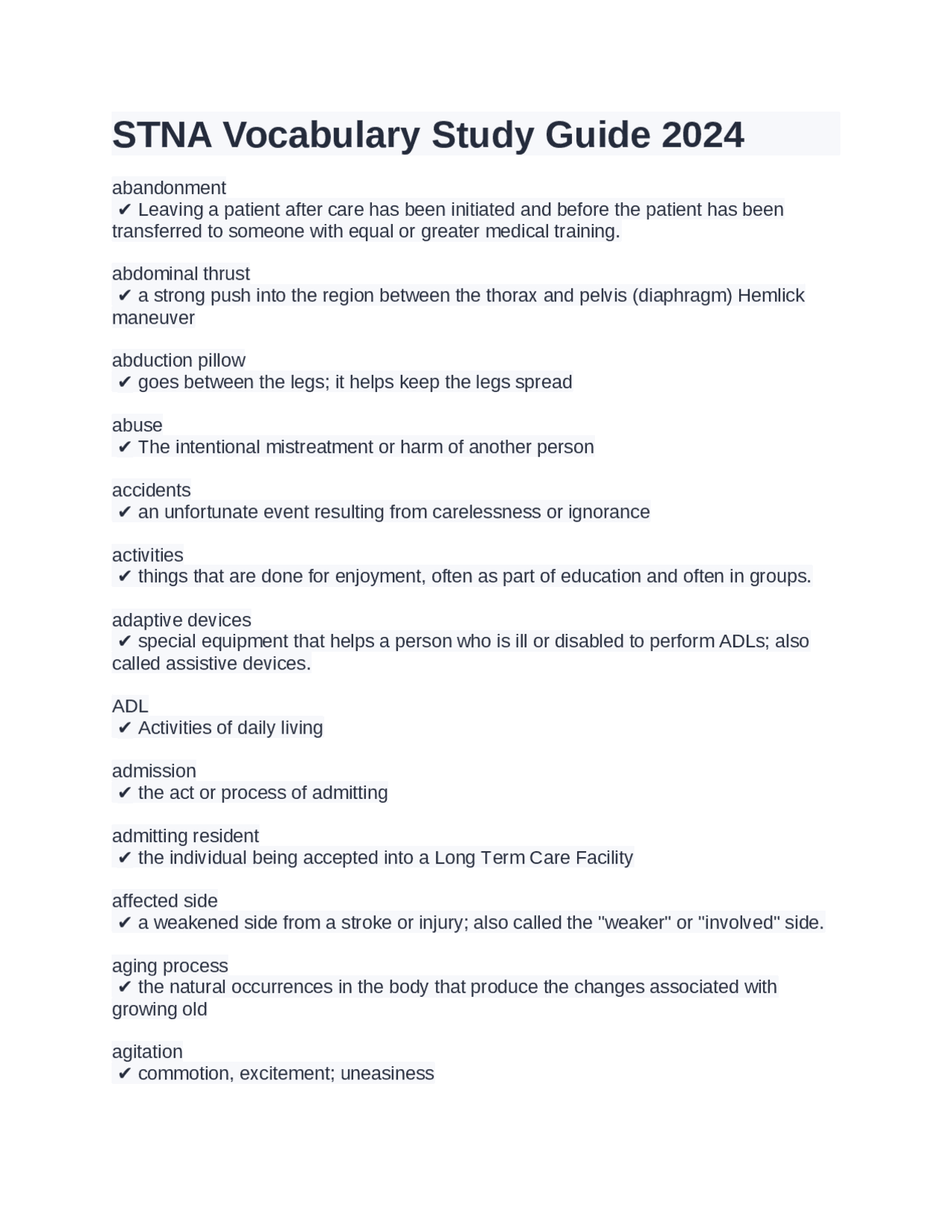 STNA Vocabulary Study Guide 2024 | Exams Nursing | Docsity