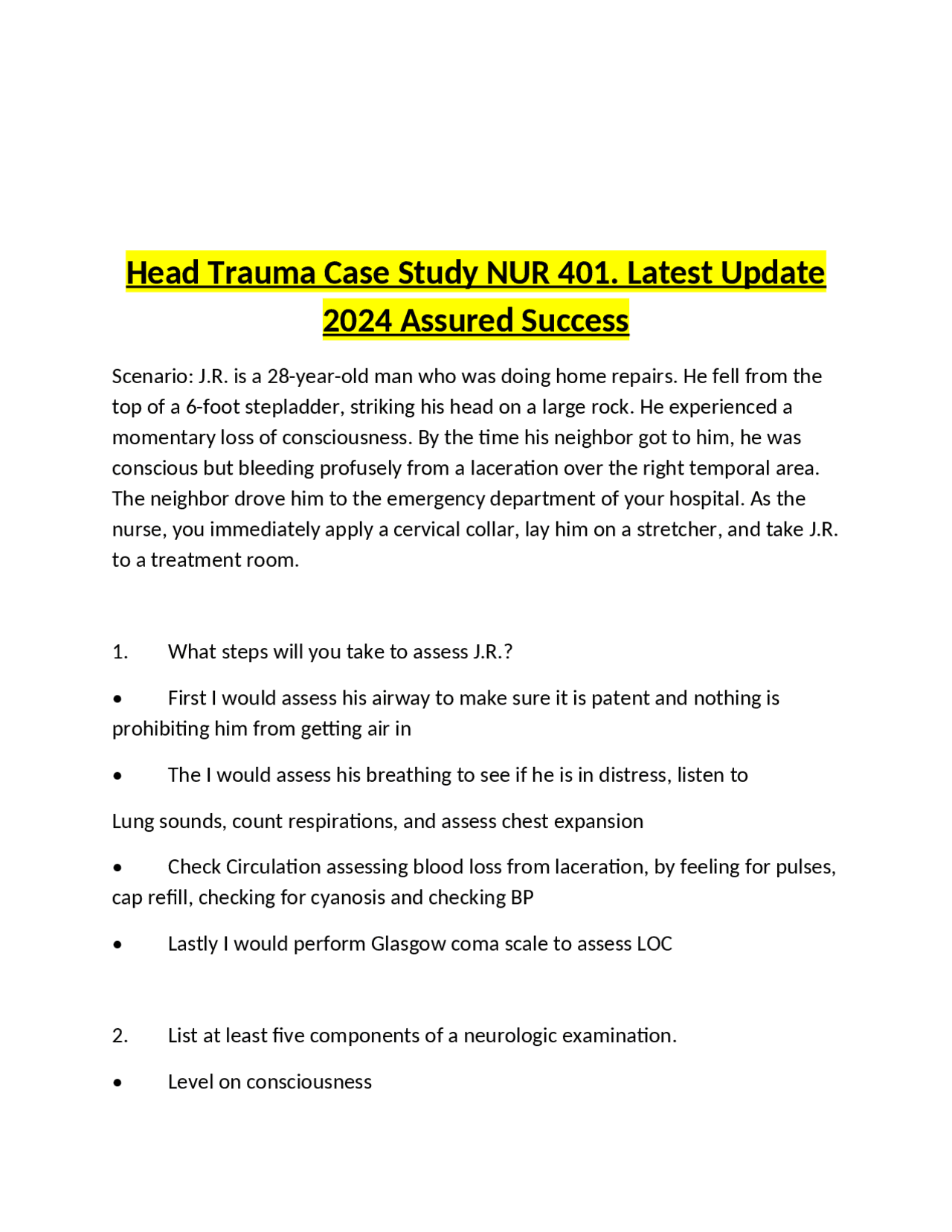 Head Trauma Case Study NUR 401. Latest Update 2024 Assured Success ...