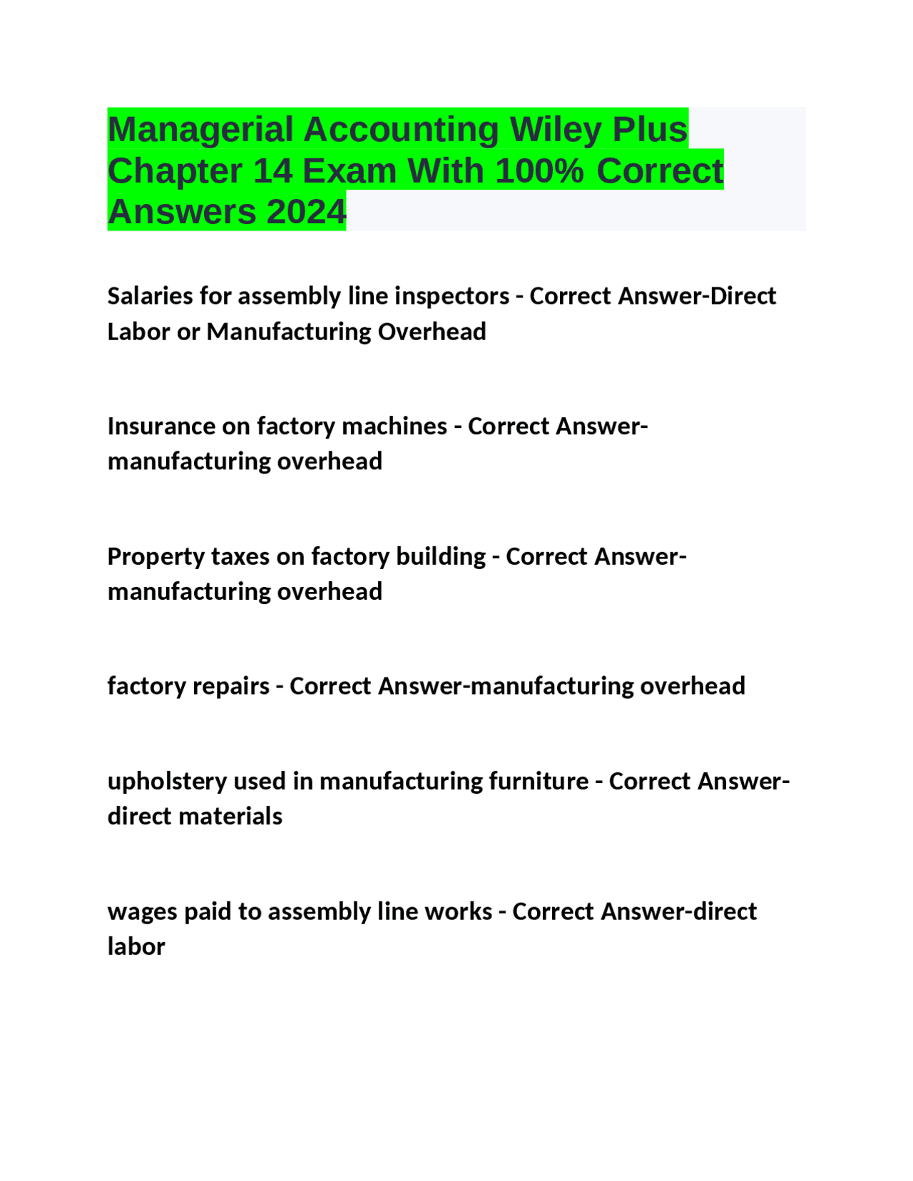 Managerial Accounting Wiley Plus Chapter 14 Exam With 100 Correct