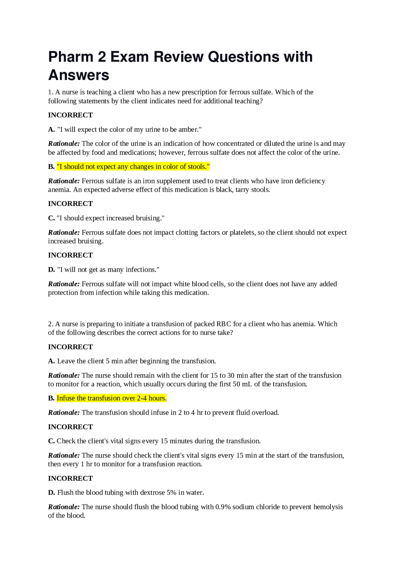 Pharm 2 Exam Review Questions with Answers | Exams Pharmacology | Docsity