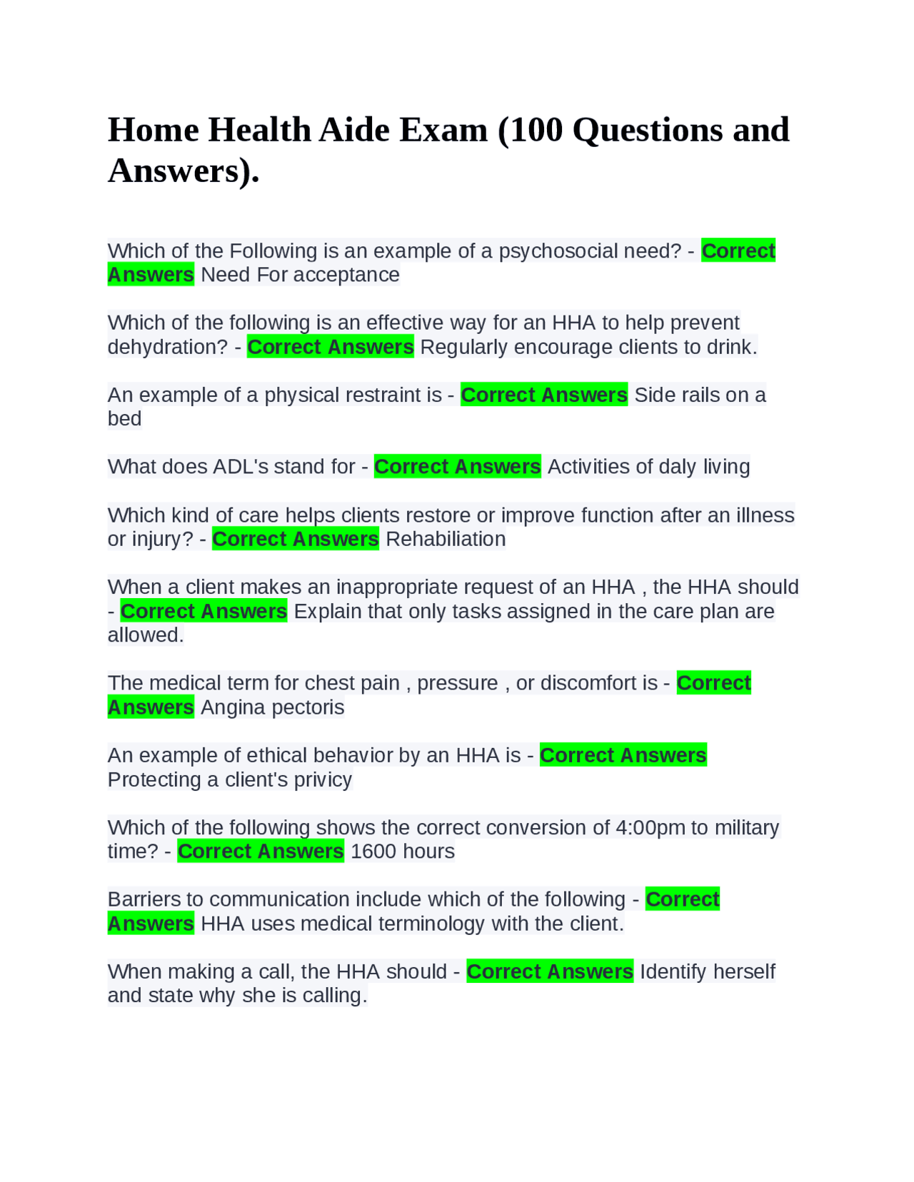 Home Health Aide Exam (100 Questions and Answers). Exams Health sciences Docsity