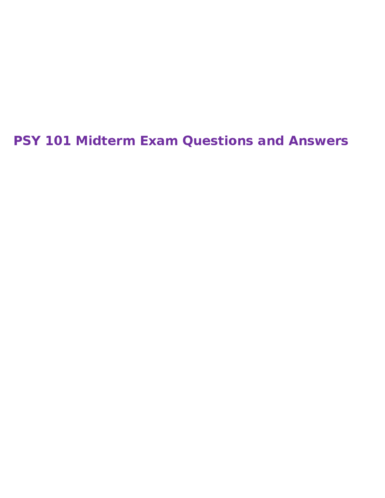 PSY 101 Midterm Exam Questions and Answers | Exams Psychology | Docsity