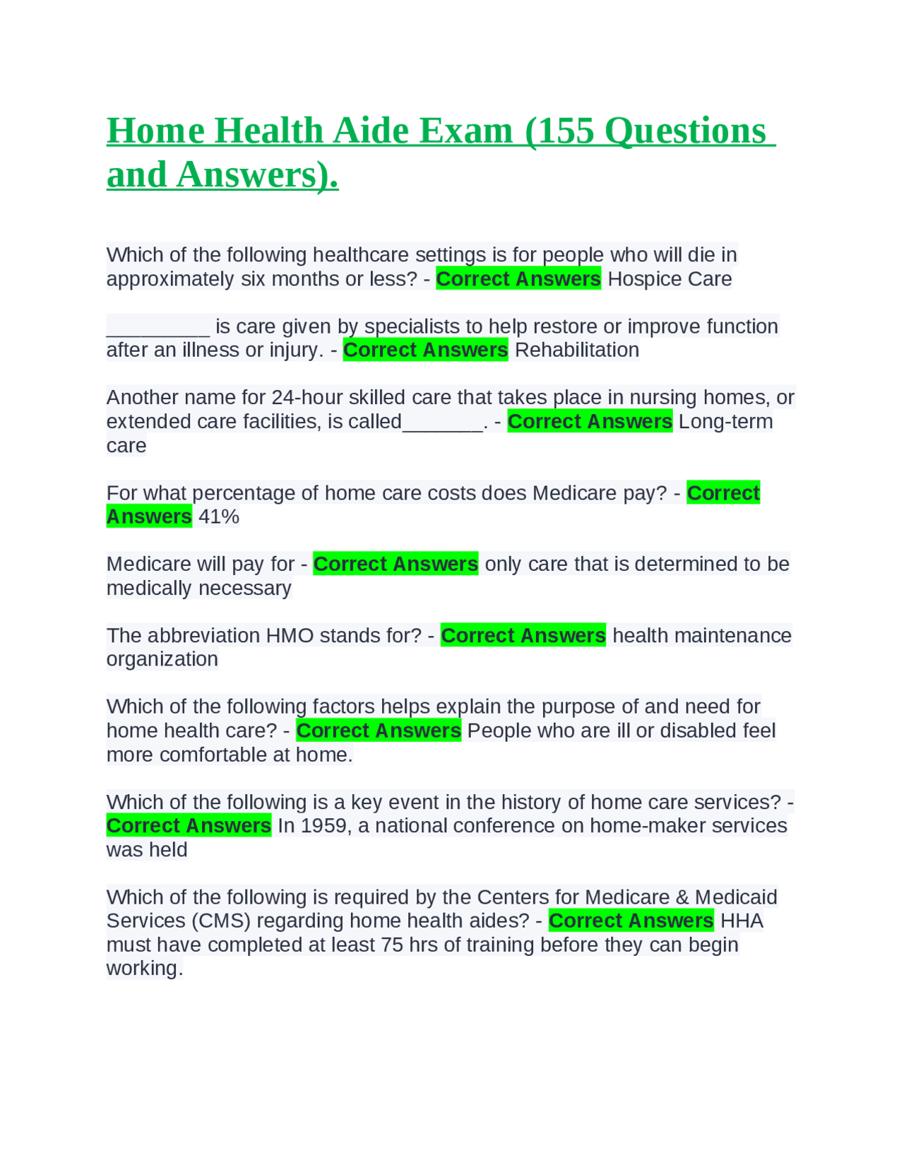 Home Health Aide Exam (155 Questions and Answers). Exams Health