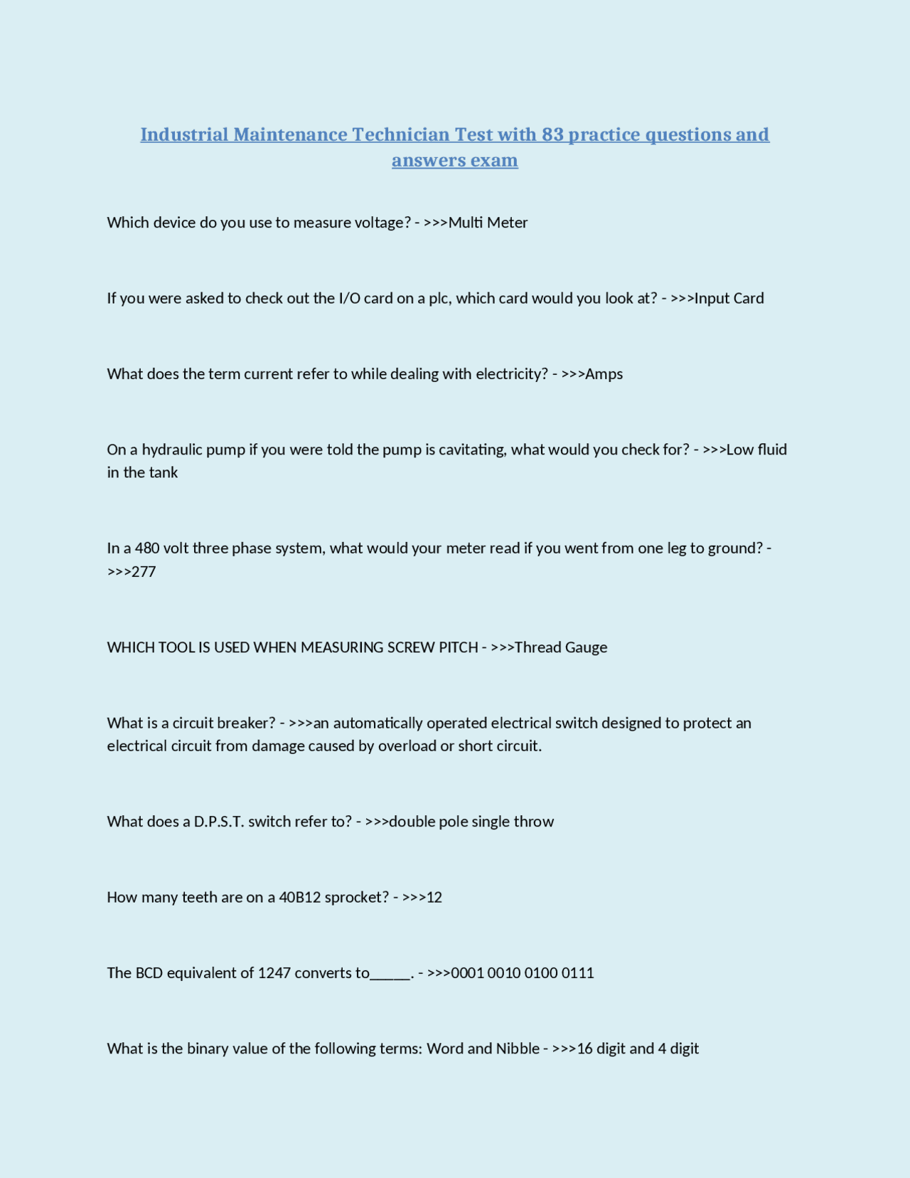 Industrial Maintenance Technician Test with 83 practice questions and