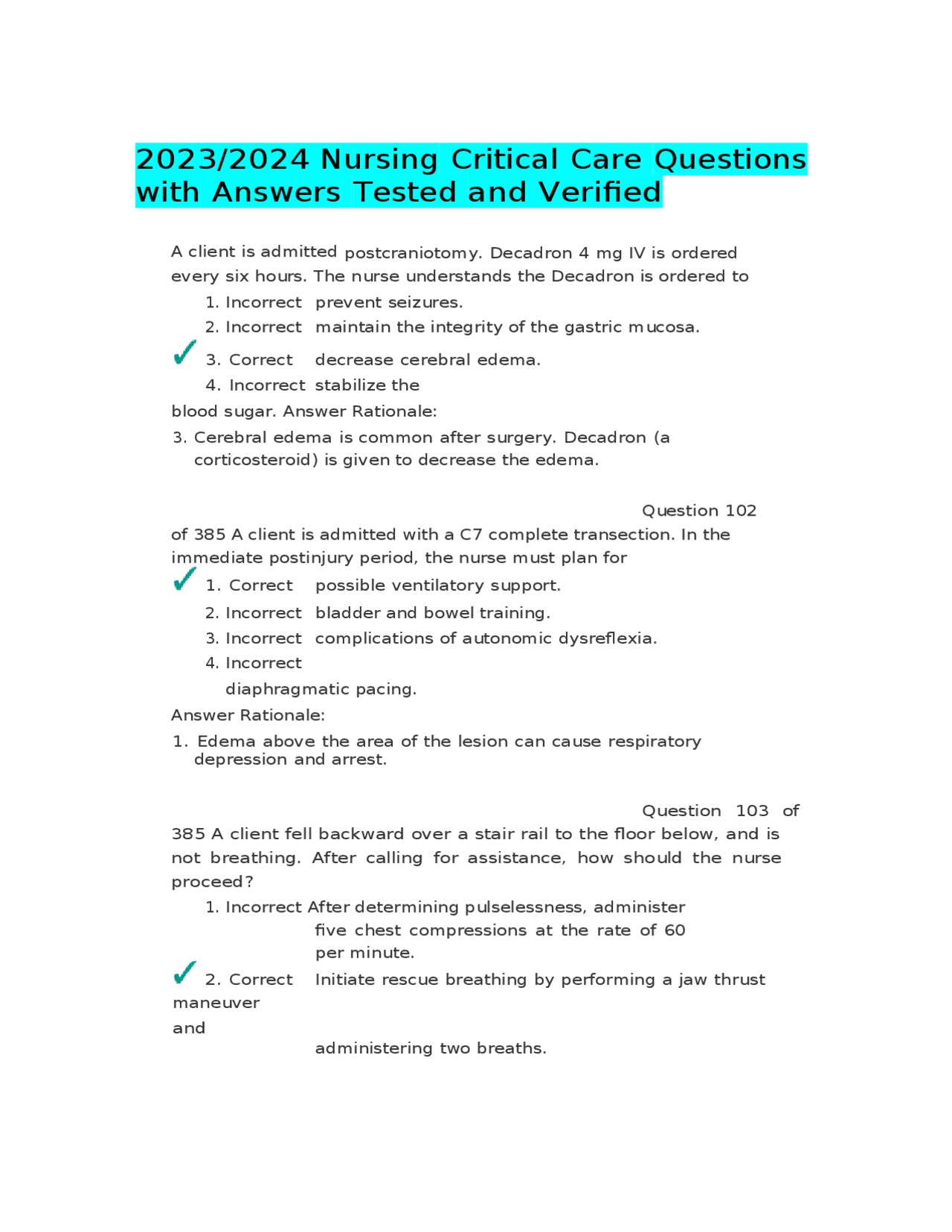 2023/2024 Nursing Critical Care Questions with Answers Tested and ...