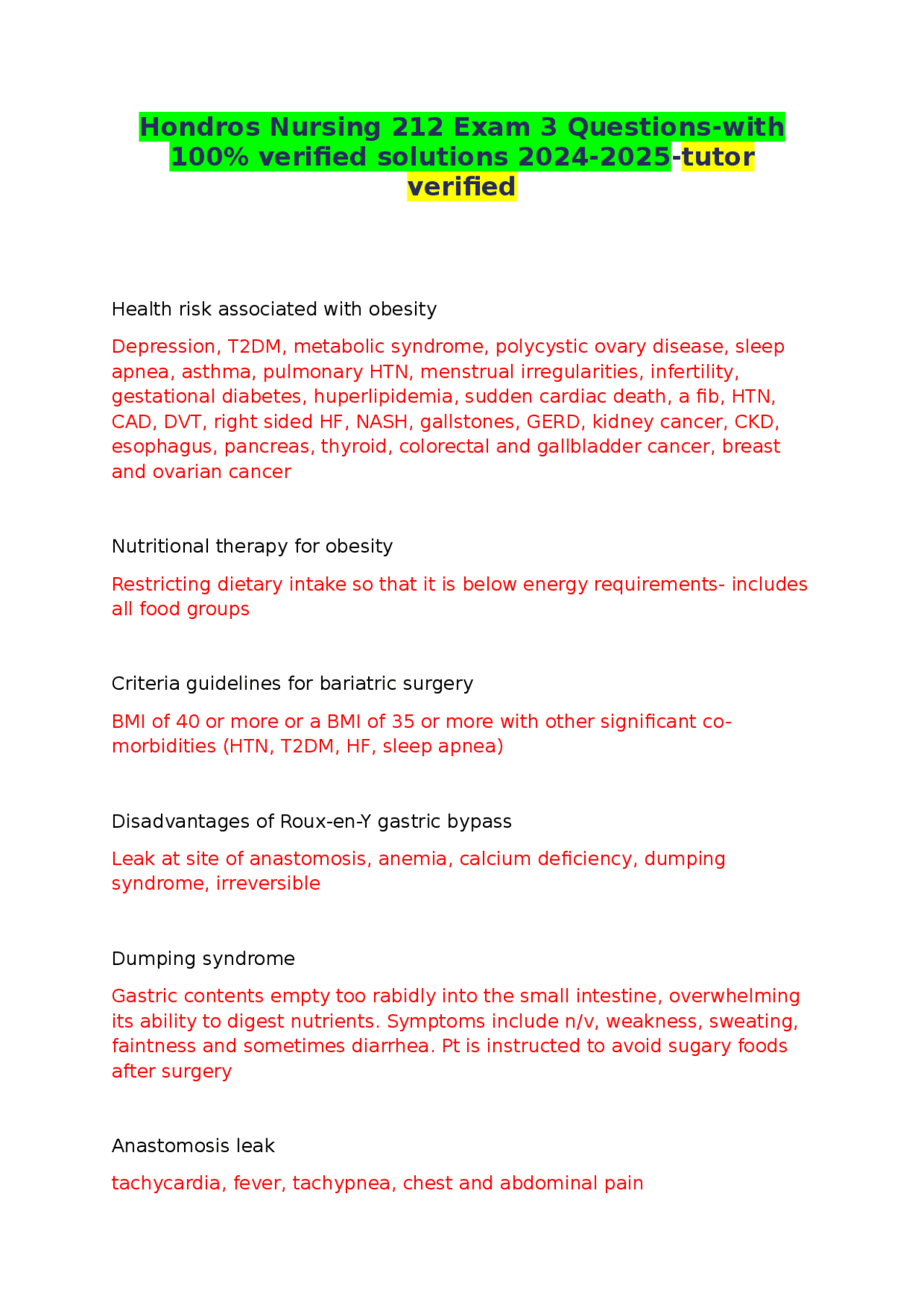 Hondros Nursing 212 Exam 3 Questions-with 100% verified solutions 2024 ...