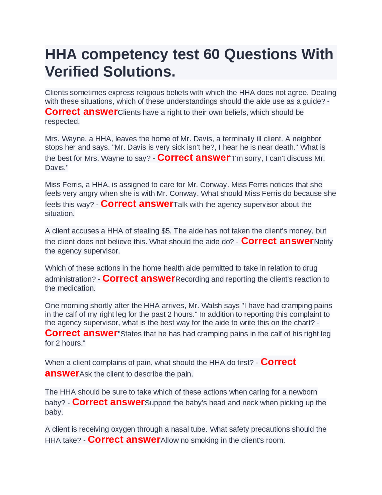 Home Health Aide Competency Test 60 Questions with Verified Solutions Exams Nursing Docsity