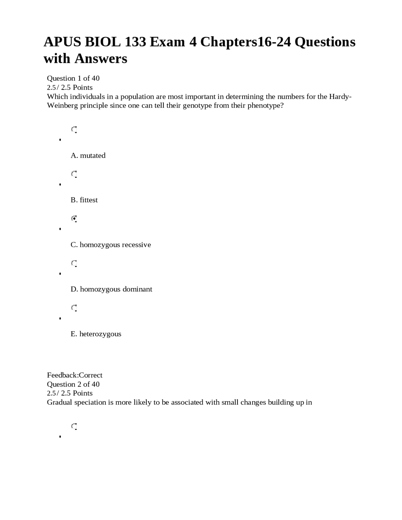 APUS BIOL 133 Exam 4 Chapters16-24 Questions with Answers | Quizzes ...