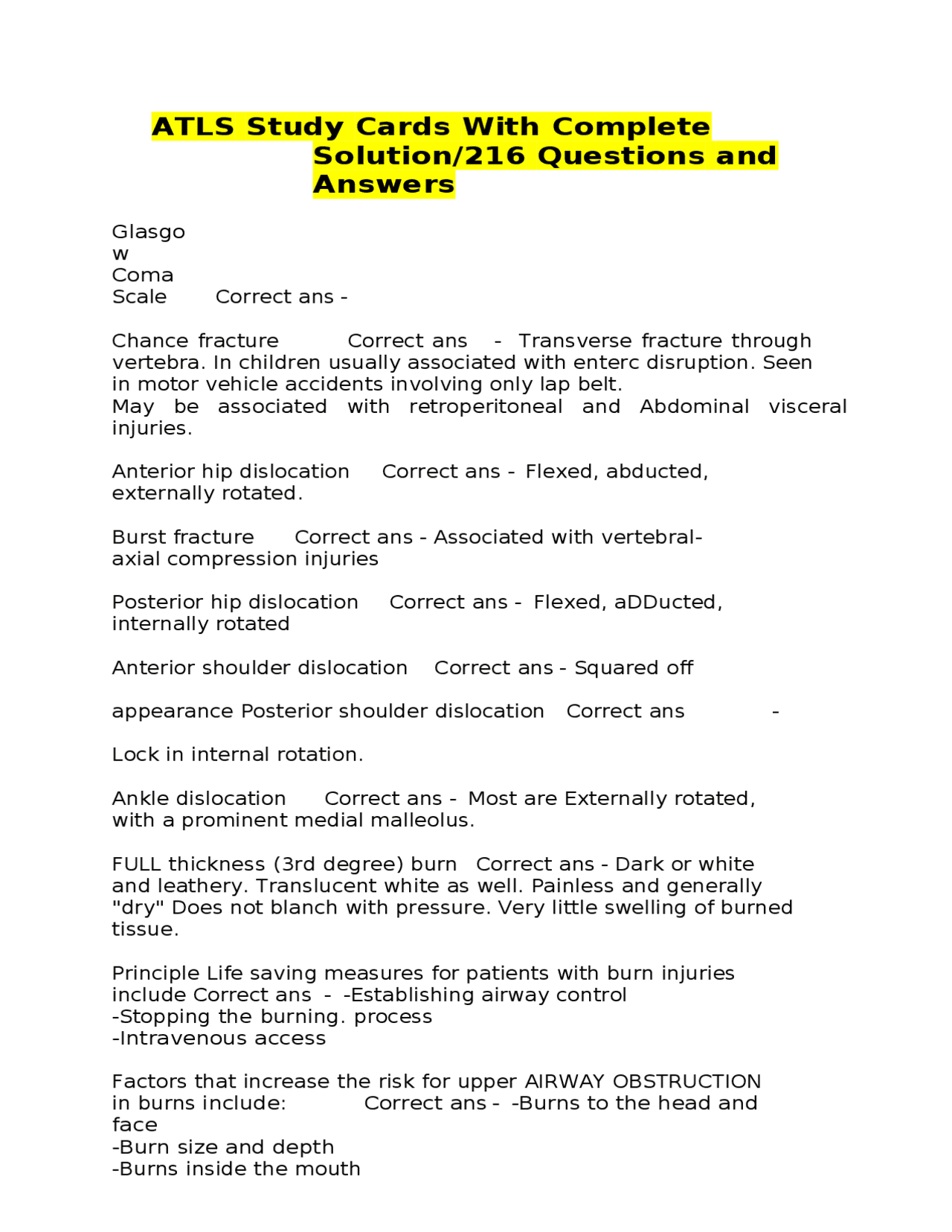 ATLS Study Cards With Complete Solution/216 Questions and Answers ...