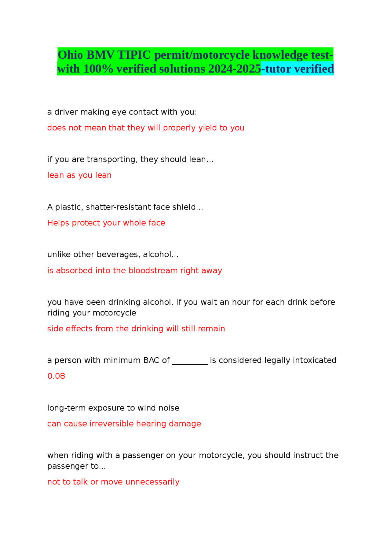 Ohio BMV TIPIC permit/motorcycle knowledge testwith 100 verified