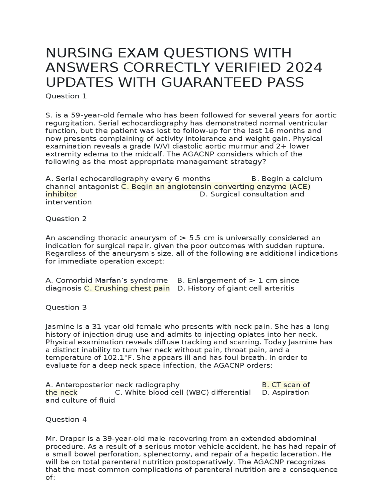 NURSING EXAM QUESTIONS WITH ANSWERS CORRECTLY VERIFIED 2024 UPDATES ...