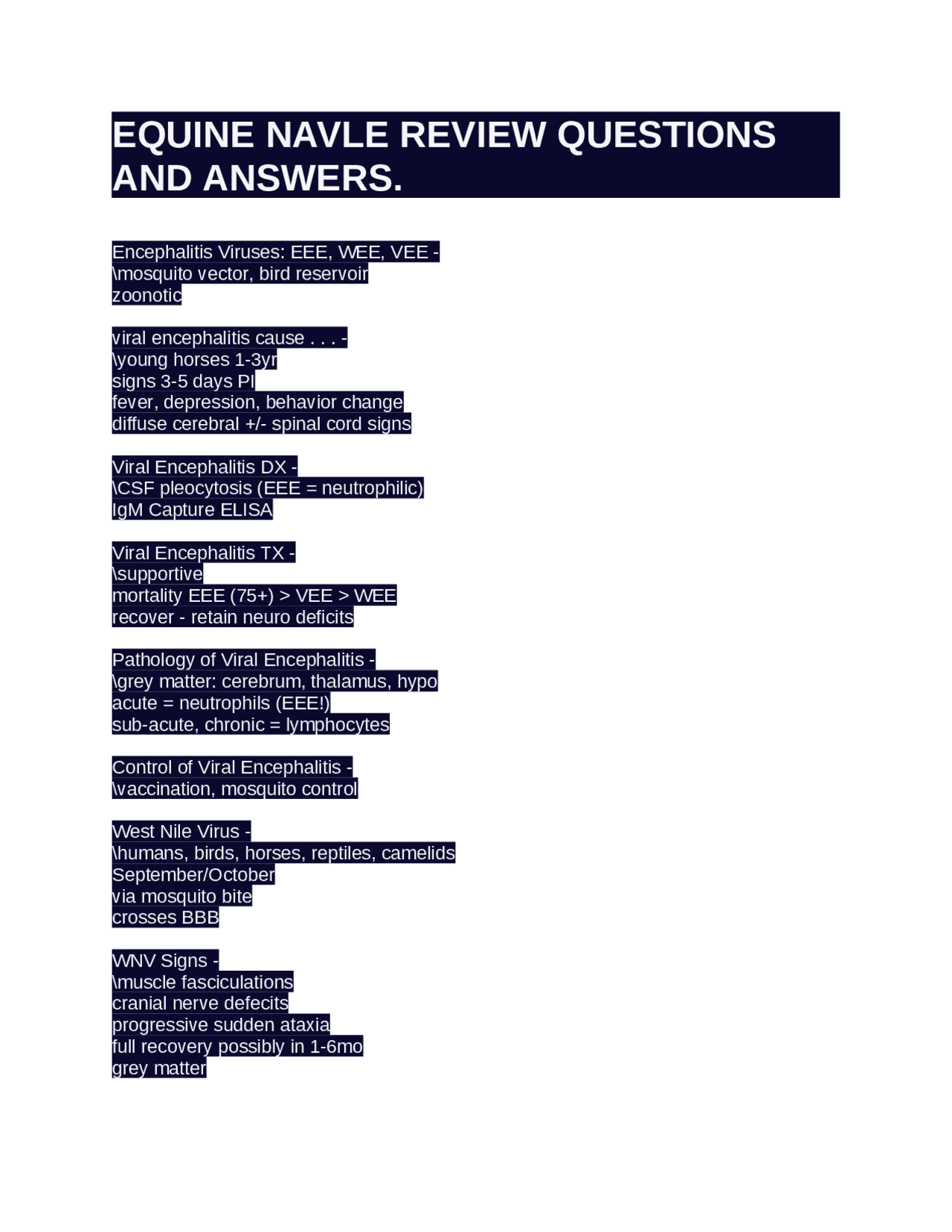 EQUINE NAVLE REVIEW QUESTIONS AND ANSWERS. | Exams Veterinary | Docsity
