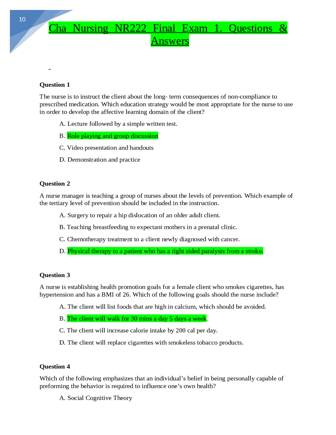 Nursing NR222 Final Exam 1. Questions & Answers | Exams Health sciences ...