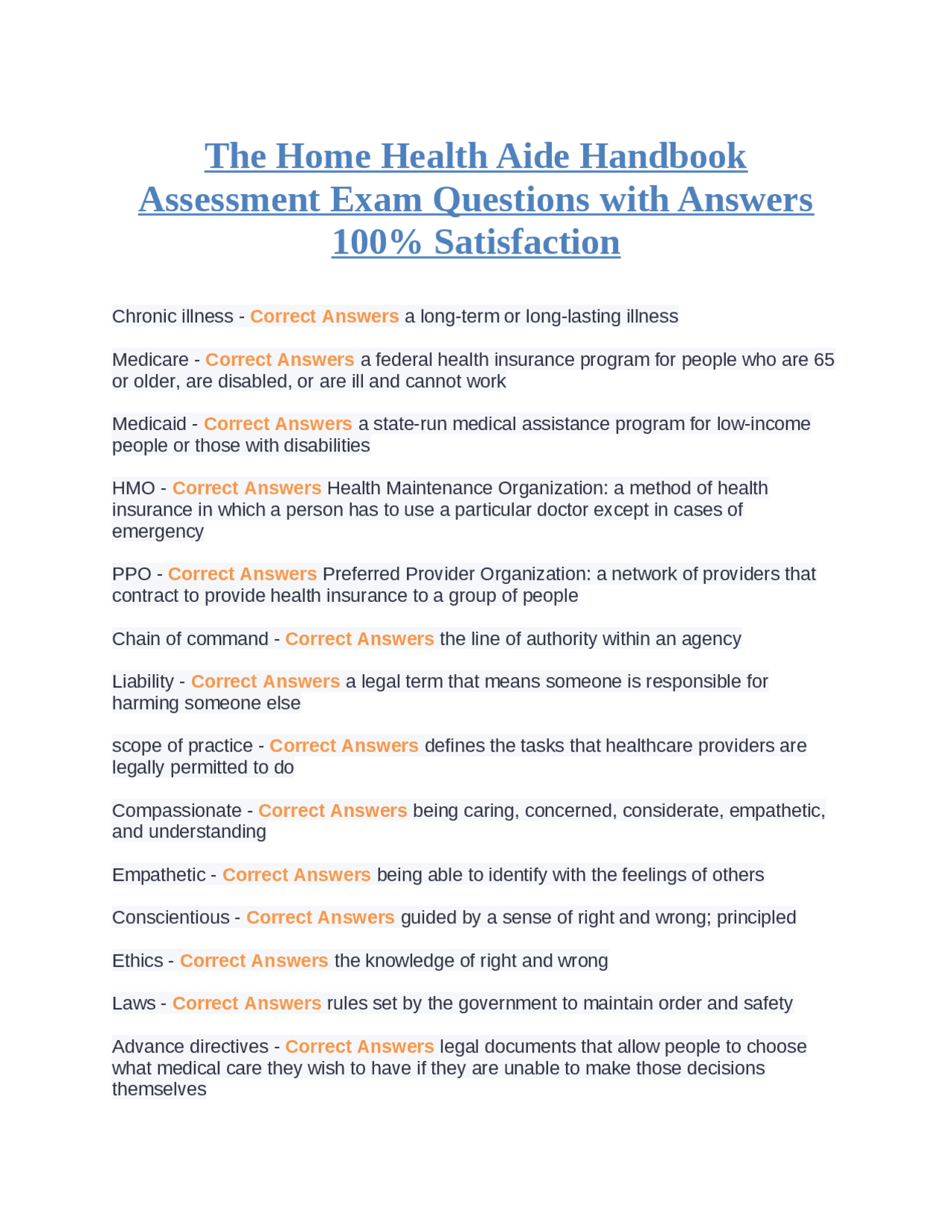 Hcap Core Questions The Home Health Aide Handbook Assessment Exam Questions with Answers ...