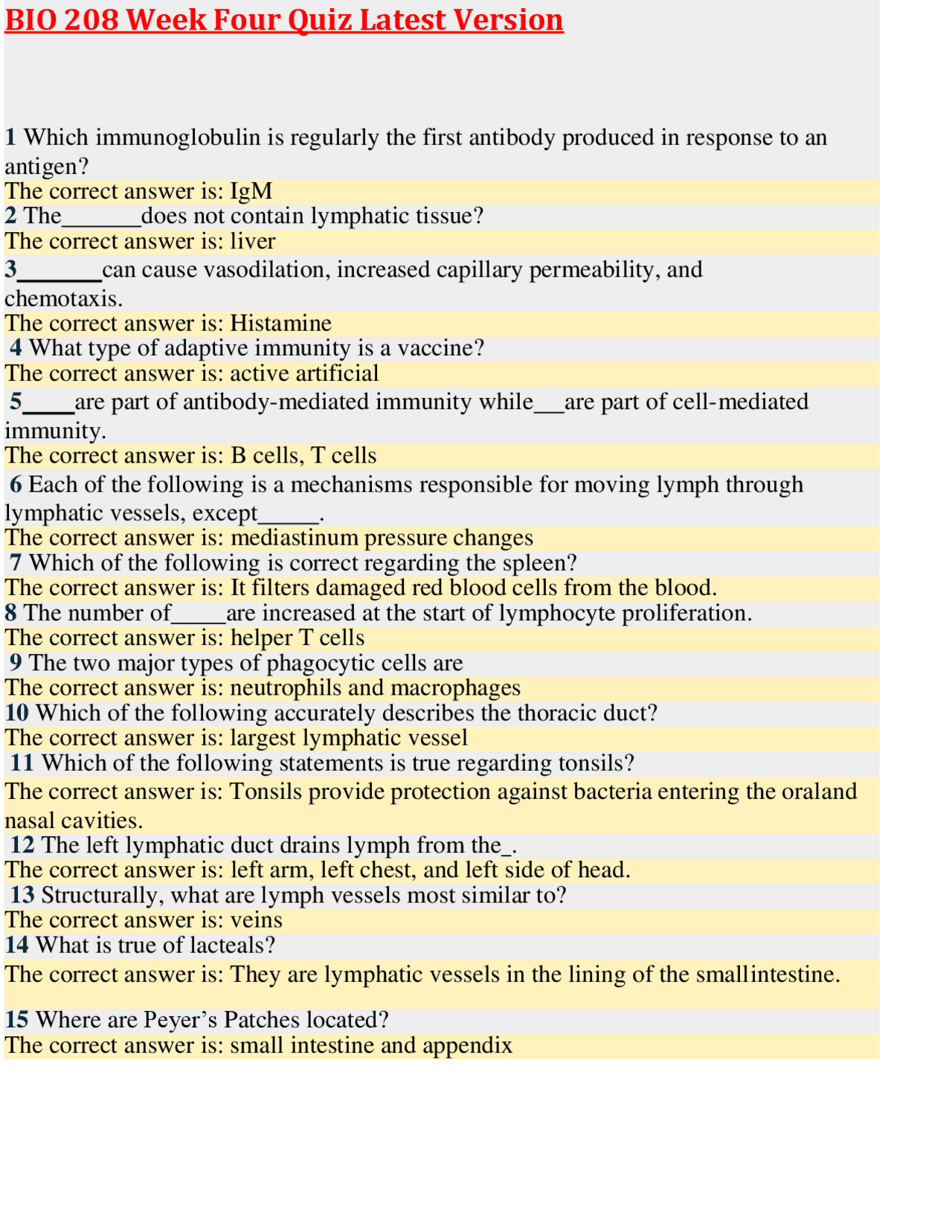 BIO 208 Week Four Quiz: Immunology and Lymphatic System | Exams Biology ...