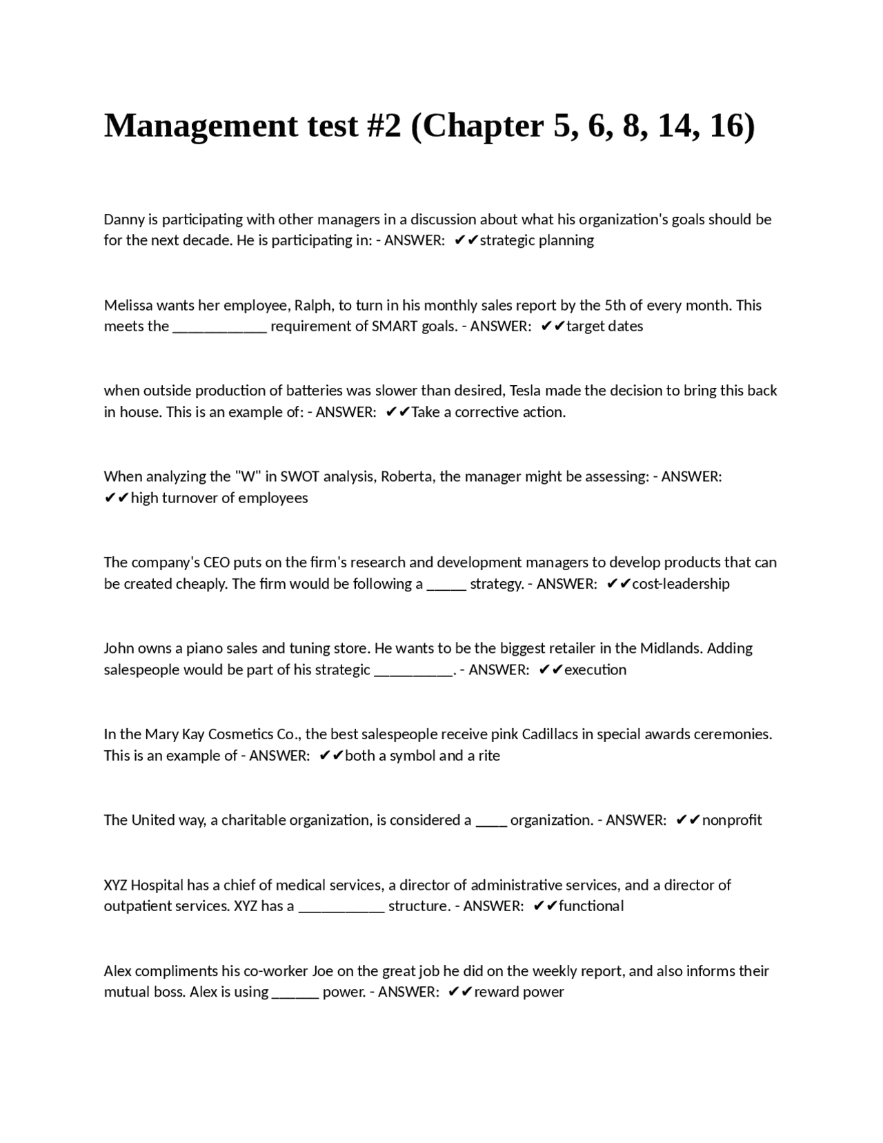 Management test #2 (Chapter 5, 6, 8, 14, 16) questions with answers ...