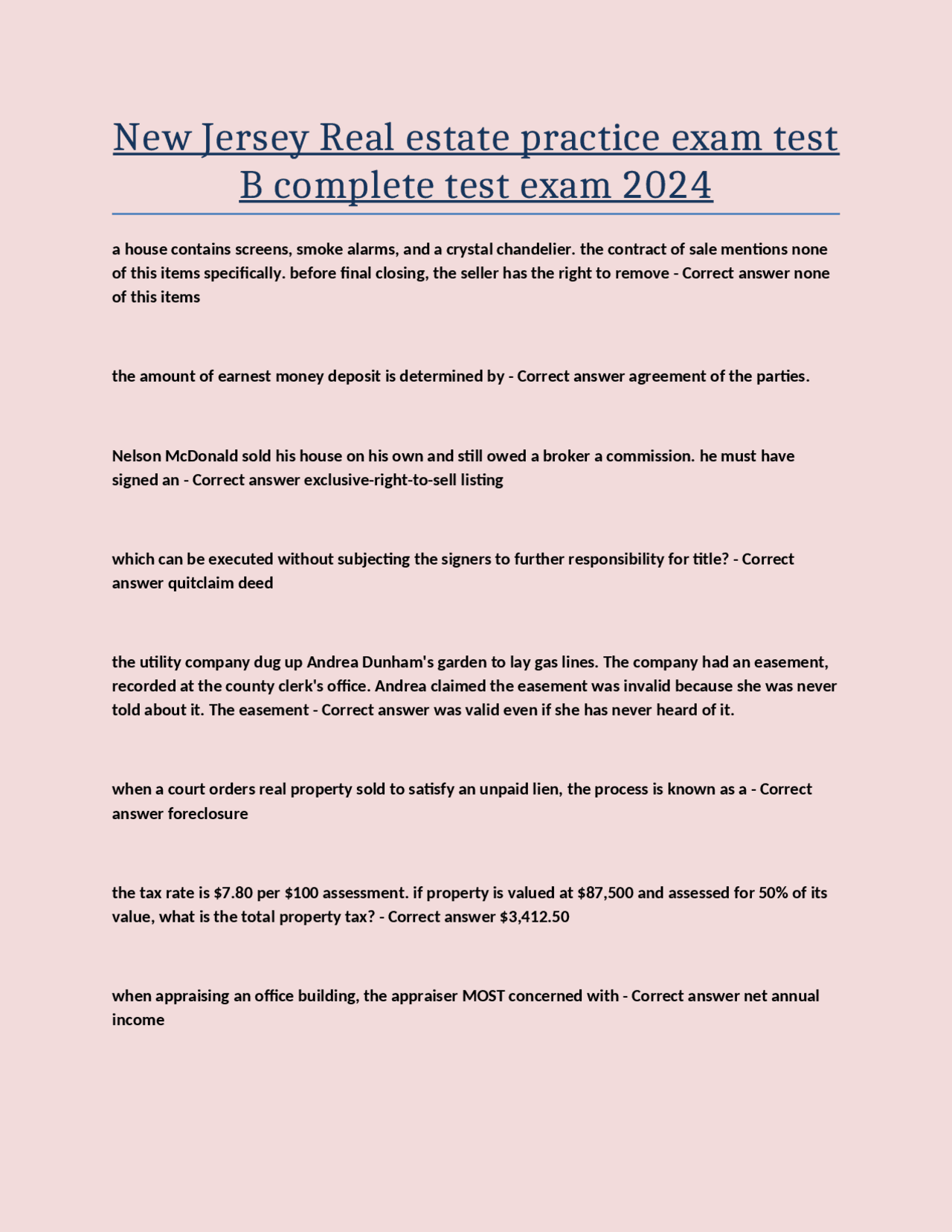 New Jersey Real estate practice exam test B complete test exam 2024