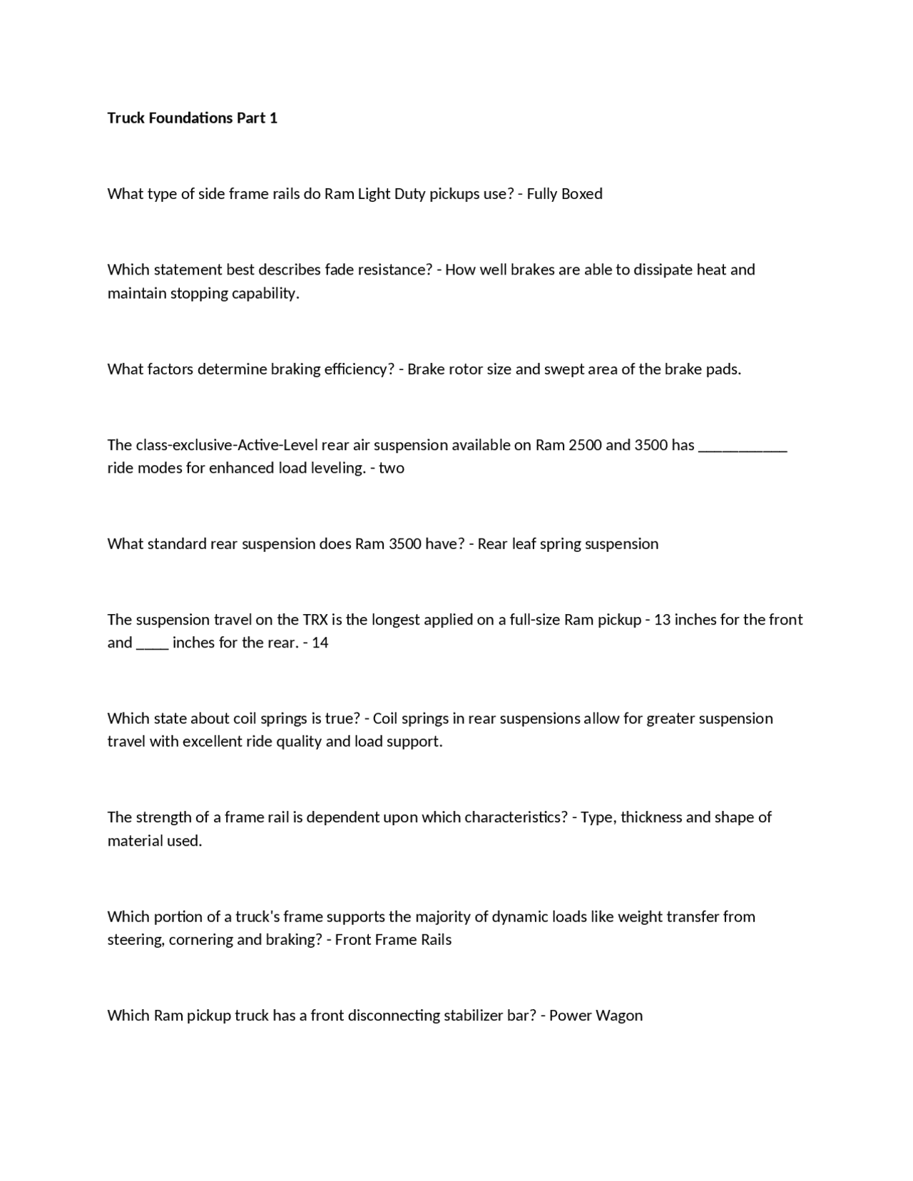 Truck Foundations Part 1 questions and answers exam Exams Manufacturing Systems Design Docsity