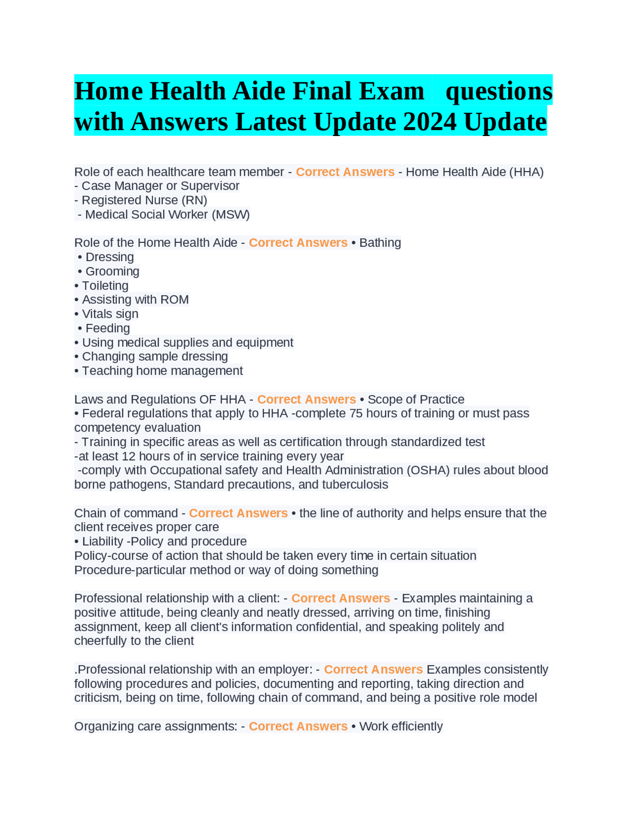 Home Health Aide Final Exam questions with Answers Latest Update 2024