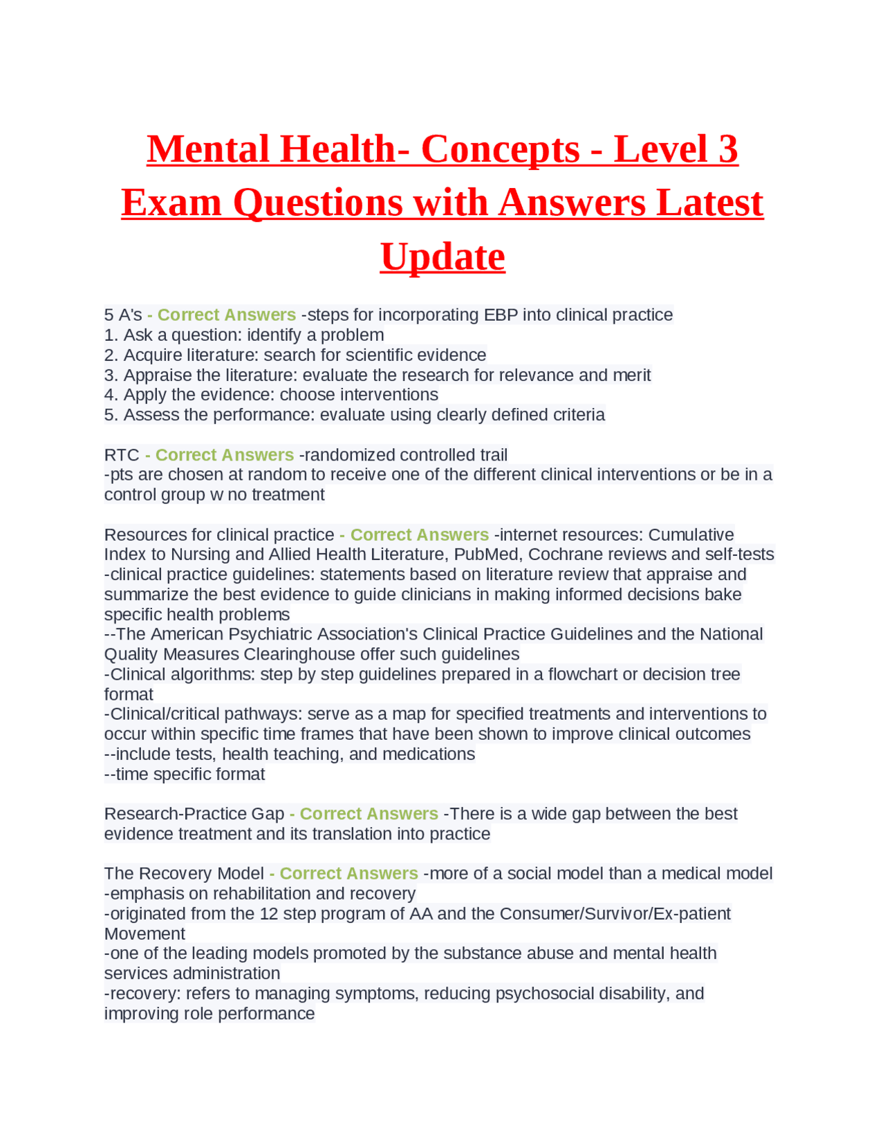 Mental Health- Concepts - Level 3 Exam Questions with Answers Latest ...