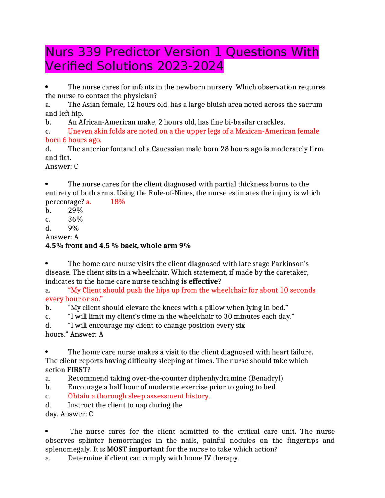 Nurs 339 Predictor Version 1 Questions With Verified Solutions 2023 ...