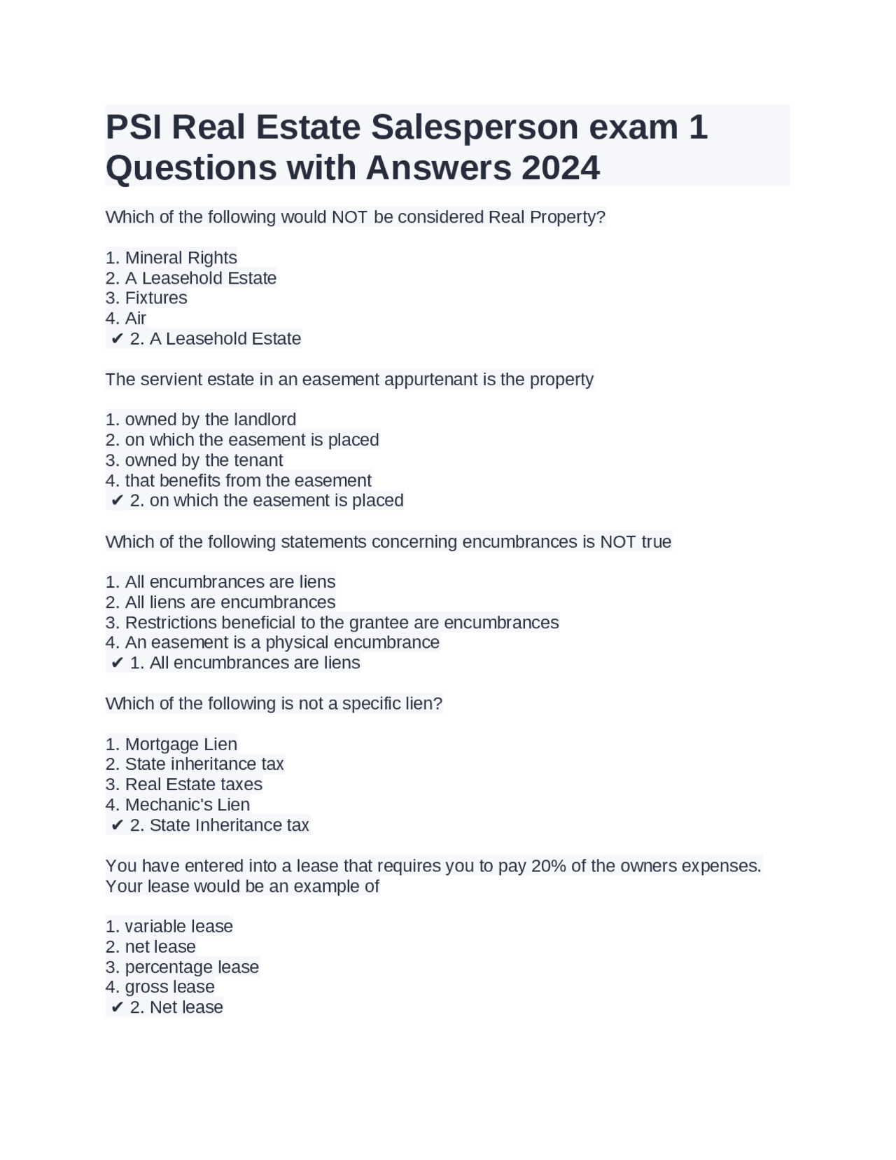 PSI Real Estate Salesperson exam 1 Questions with Answers 2024 Exams