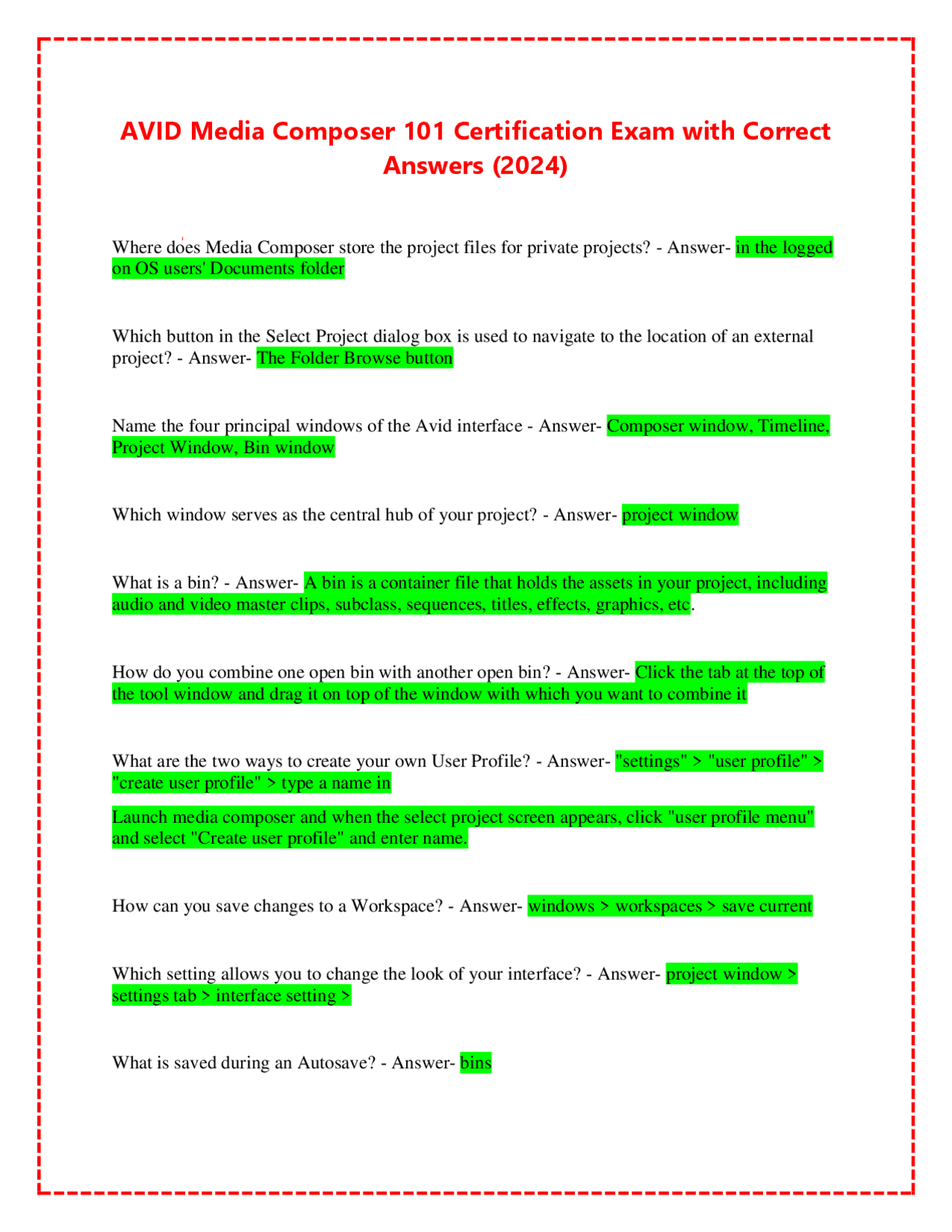 AVID Media Composer 101 Certification Exam with Correct Answers (2024