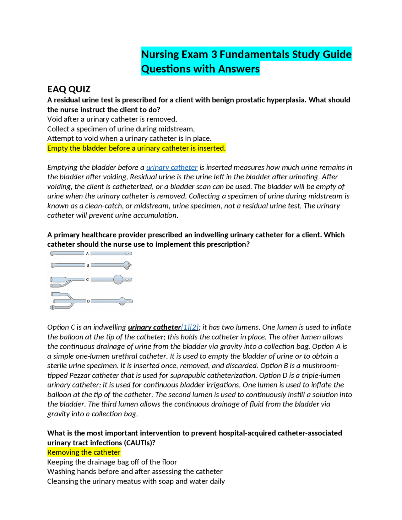 Nursing Exam 3 Fundamentals Study Guide Questions with Answers | Exams ...