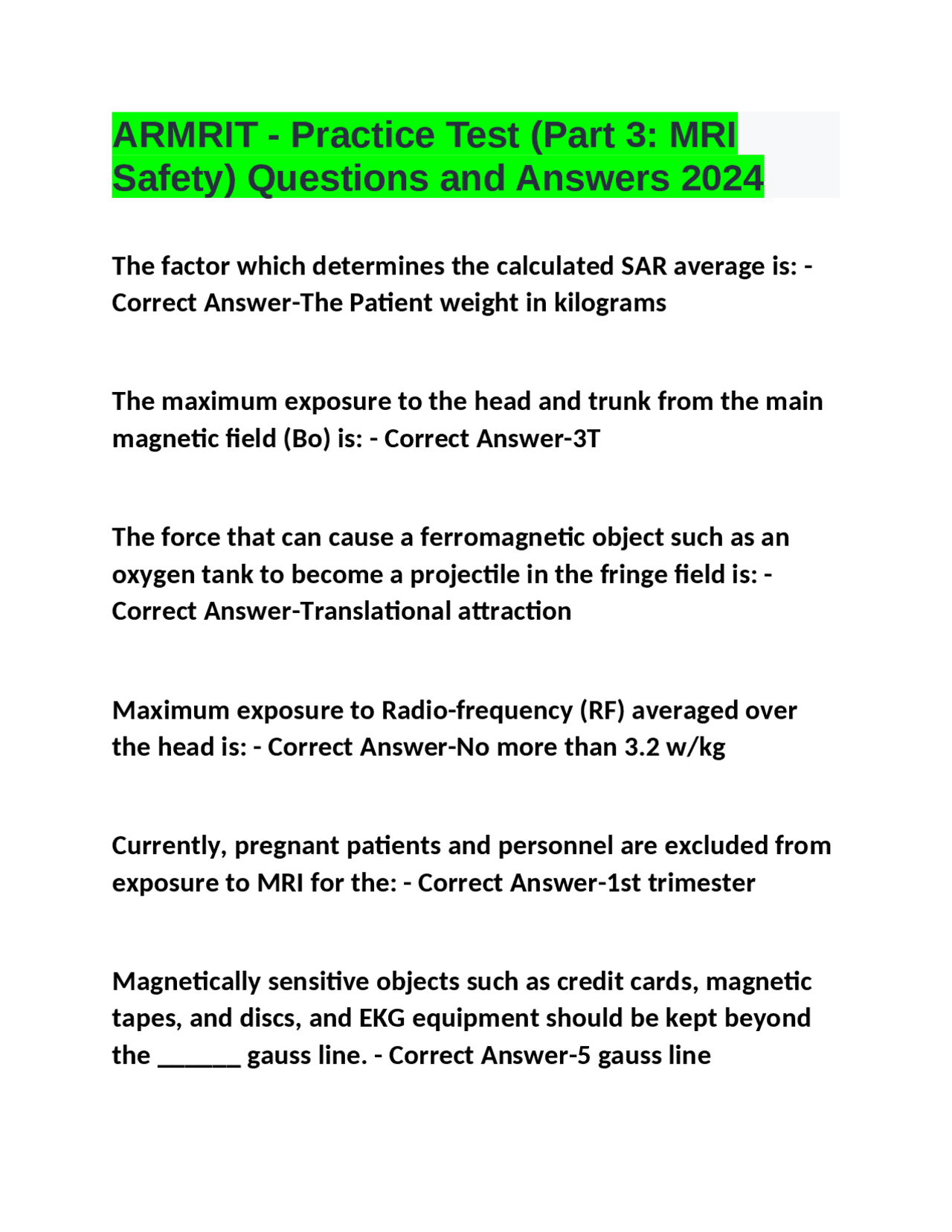 ARMRIT Practice Test (Part 3 MRI Safety) Questions and Answers 2024