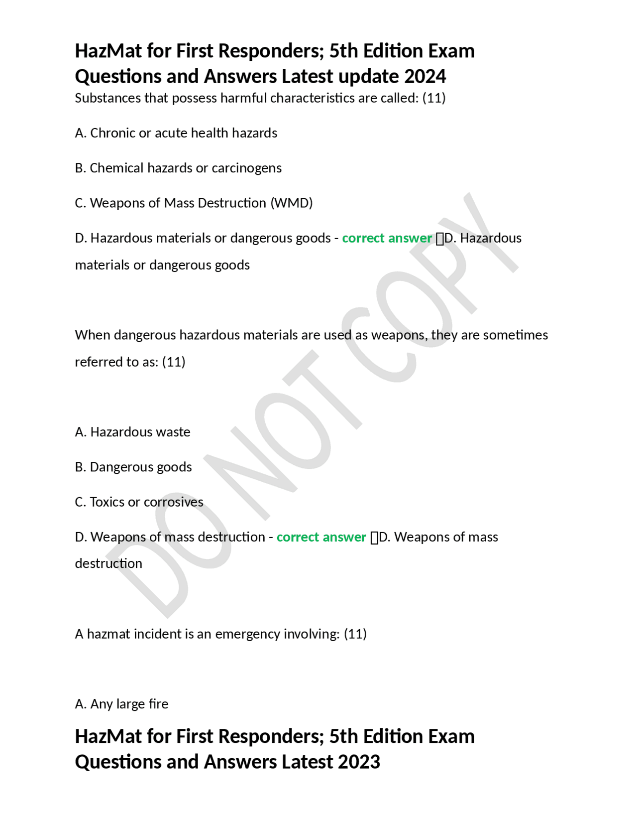Hazmat For First Responders 5th Edition Exam Questions And Answers