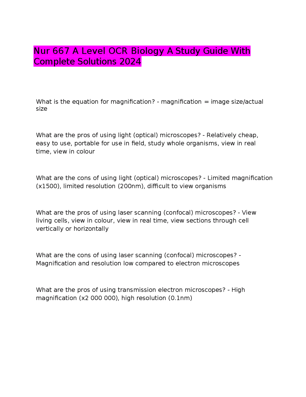 Nur 667 A Level OCR Biology A Study Guide With Complete Solutions 2024