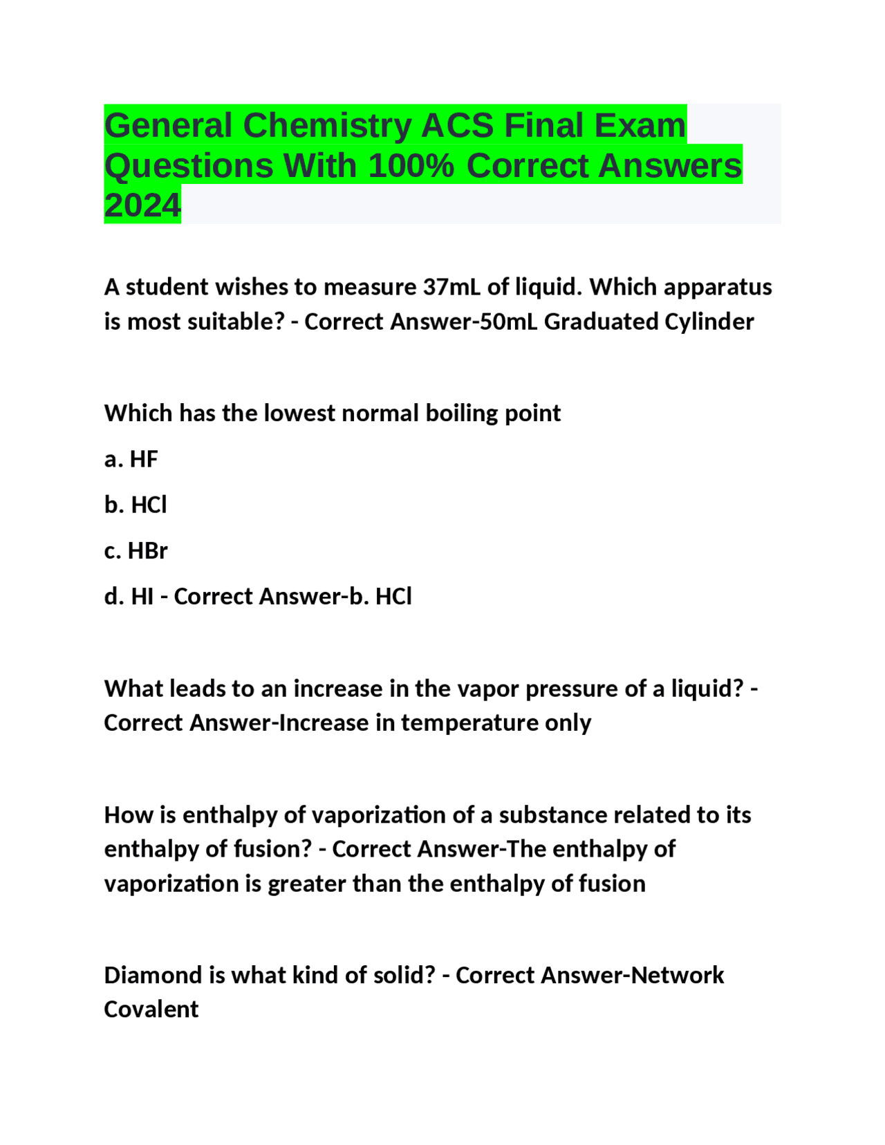 General Chemistry ACS Final Exam Questions With 100% Correct Answers ...