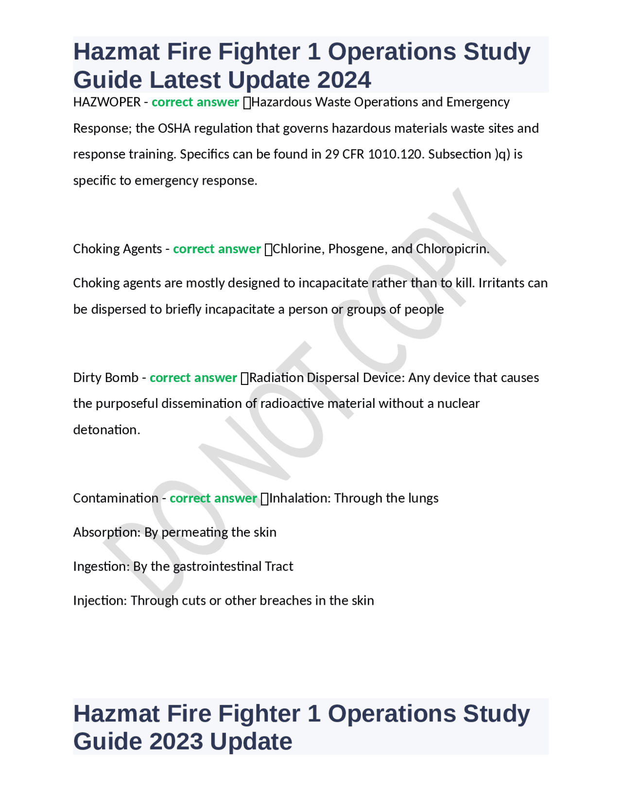 Hazmat Fire Fighter 1 Operations Study Guide Latest Update 2024 | Exams ...