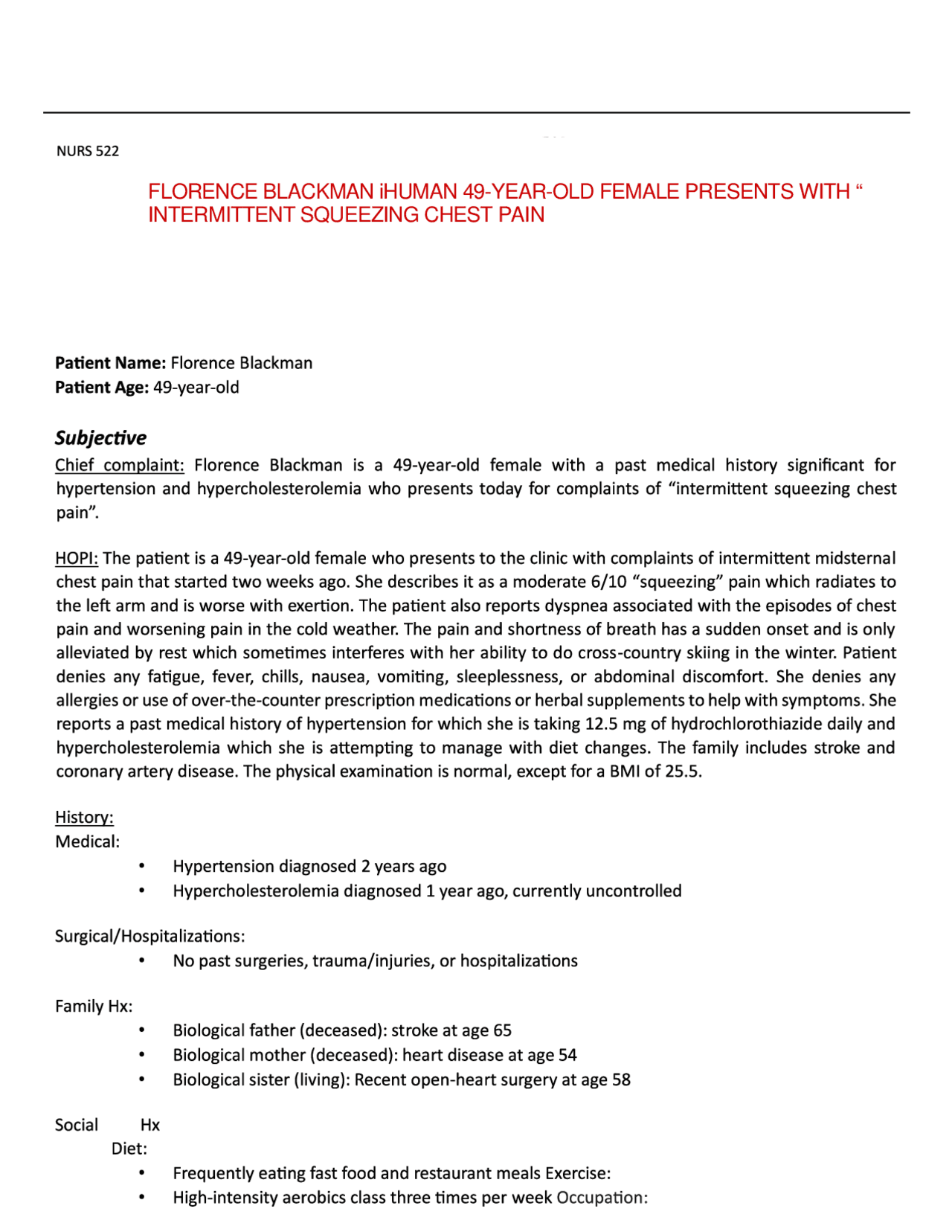 FLORENCE BLACKMAN IHUMAN 49 YEAR OLD FEMALE PRESENTS WITH INTERMITTENT 